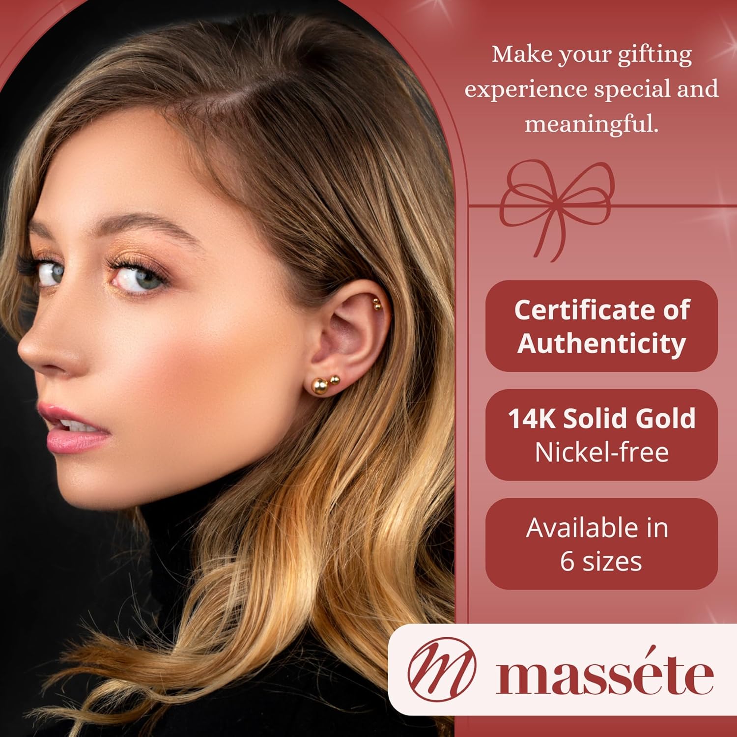 MASSETE Gold Ball Stud Earrings for Women and Girls | 10k, 14k | White Yellow or Rose Gold | 5mm -12mm | Nickel Free