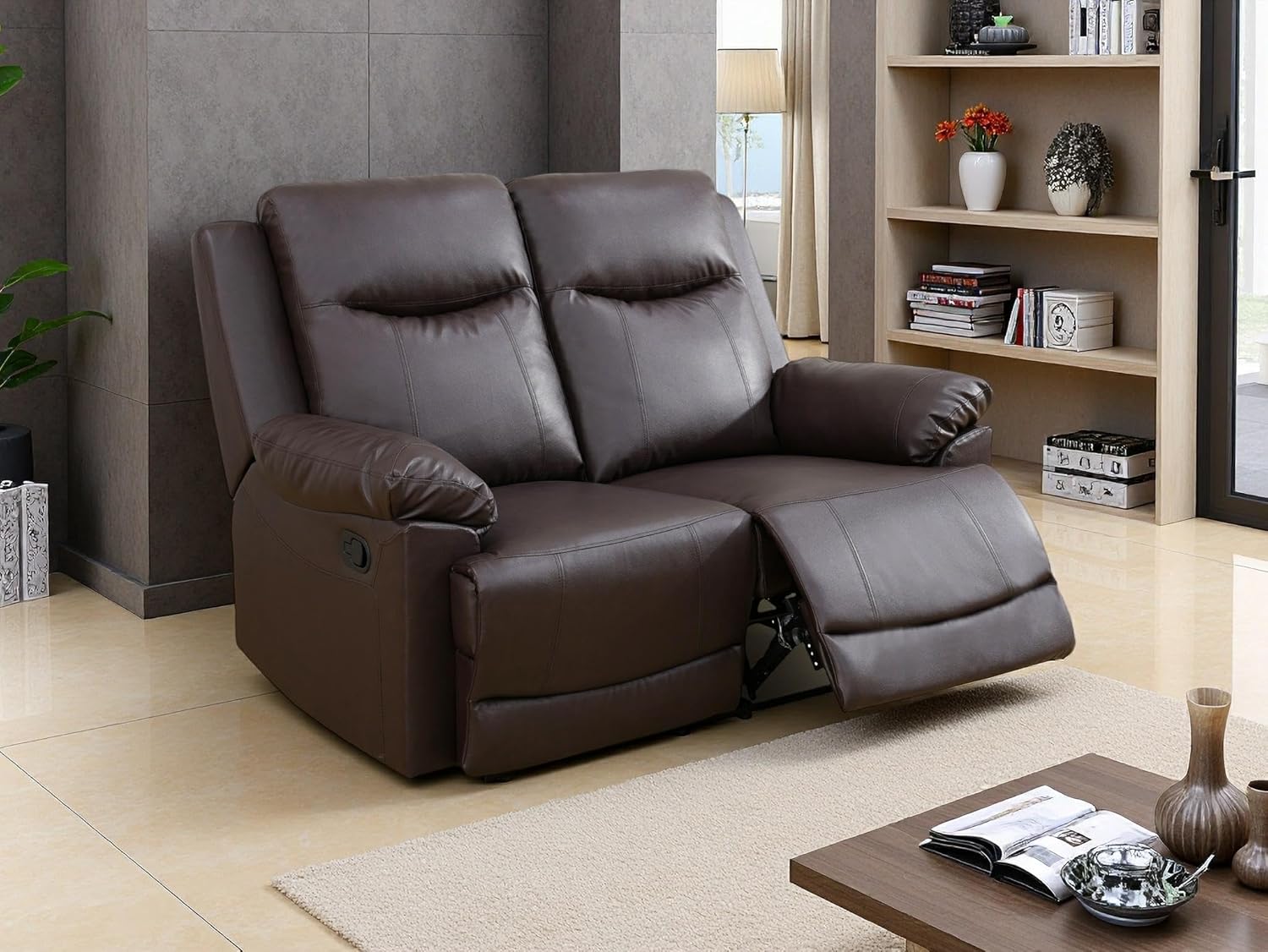 Living Room Furniture Set, Manual Leather Recliner Loveseat Sets, Luxury Reclining Couch Set, Brown Leather Recliner 2 Seater Loveseat with Adjustable Footrests and Padded Armrests for House