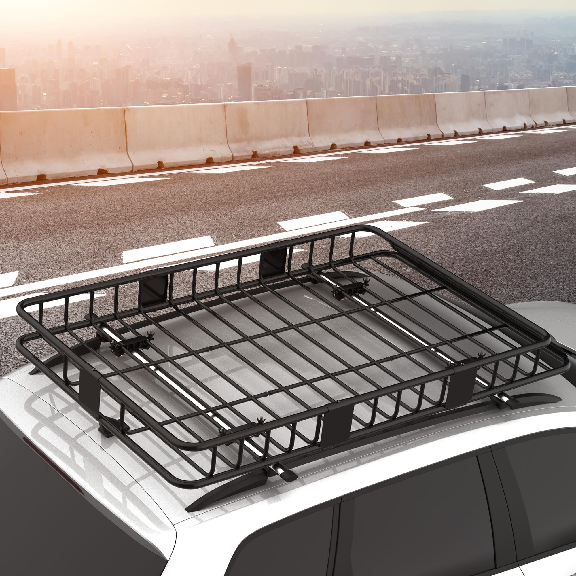 HOMCOM Cesta de Techo Coche Longitud Ajustable Baca Techo Universal Maletero Cesta Maletero Estante Metal Negro 162 x 99 x 16 cm | Portaequipajes de metal para camping, barbacoas, viajes en coche