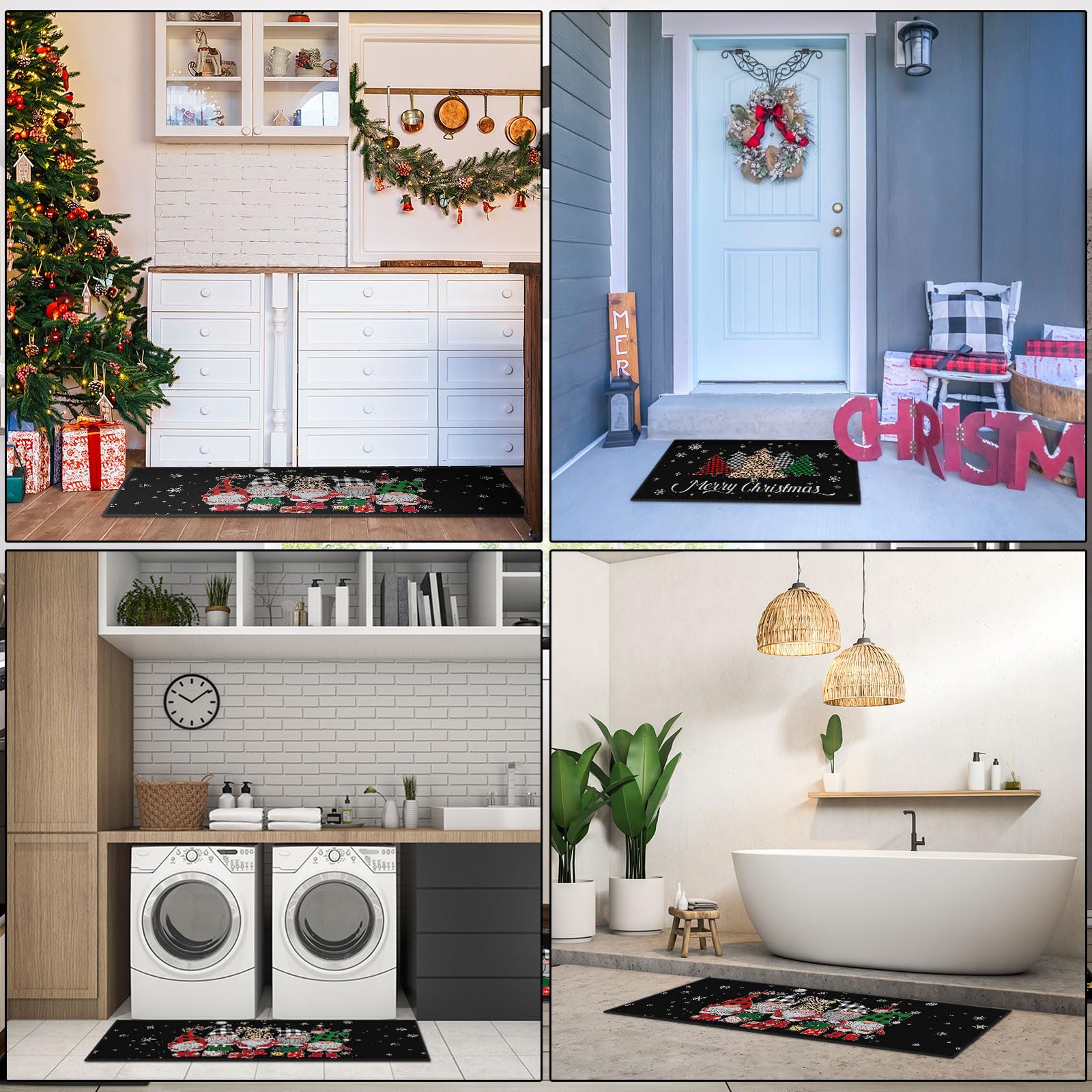 Tinideya Juego de 3 alfombras de cocina de Navidad a cuadros con gnomos de árbol de Navidad, color negro, antideslizantes, gruesas, resistentes a las manchas, decoración rústica de Navidad, alfombra