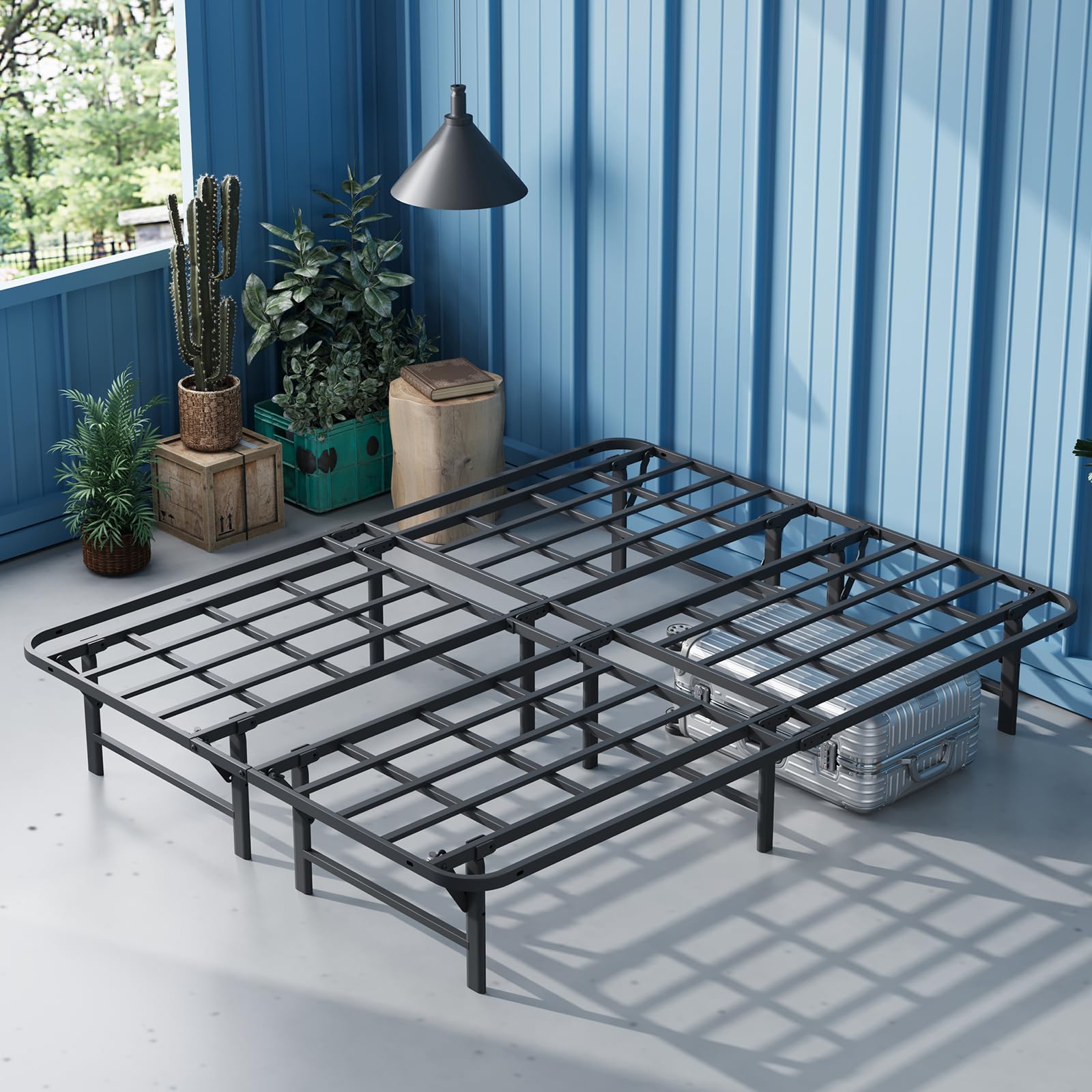 16in High Folding Queen Bed Frame, No Box Spring Needed, Heavy Duty Metal Platform Bed Frame Queen Size with Tool Free Setup, Easy Assembly, Noise Free, Black