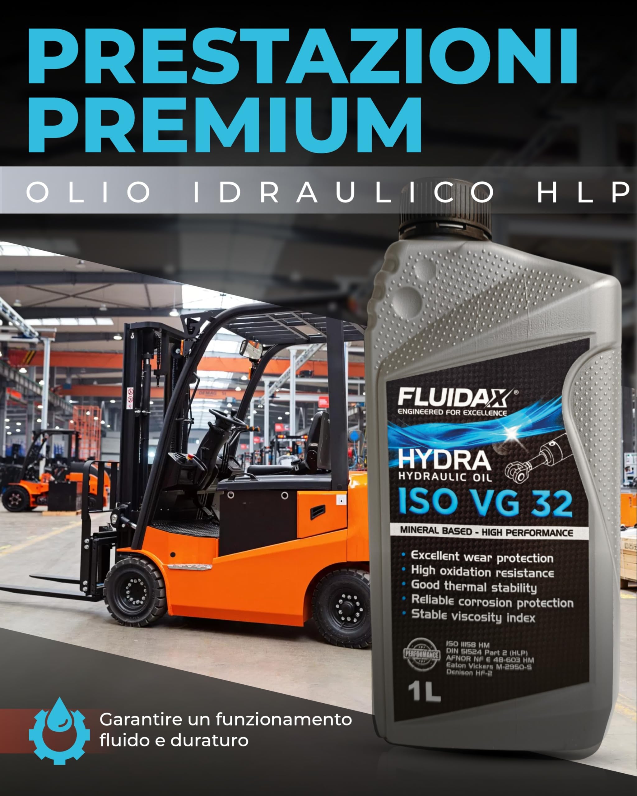 Olio Idraulico ISO VG 32 – Lubrificante Minerale, Antiusura - Antiruggine - Antischiuma per Impianti Idraulici, Muletti e Macchine Industriali – 1 Litro ISO HM - DIN 51524-51525