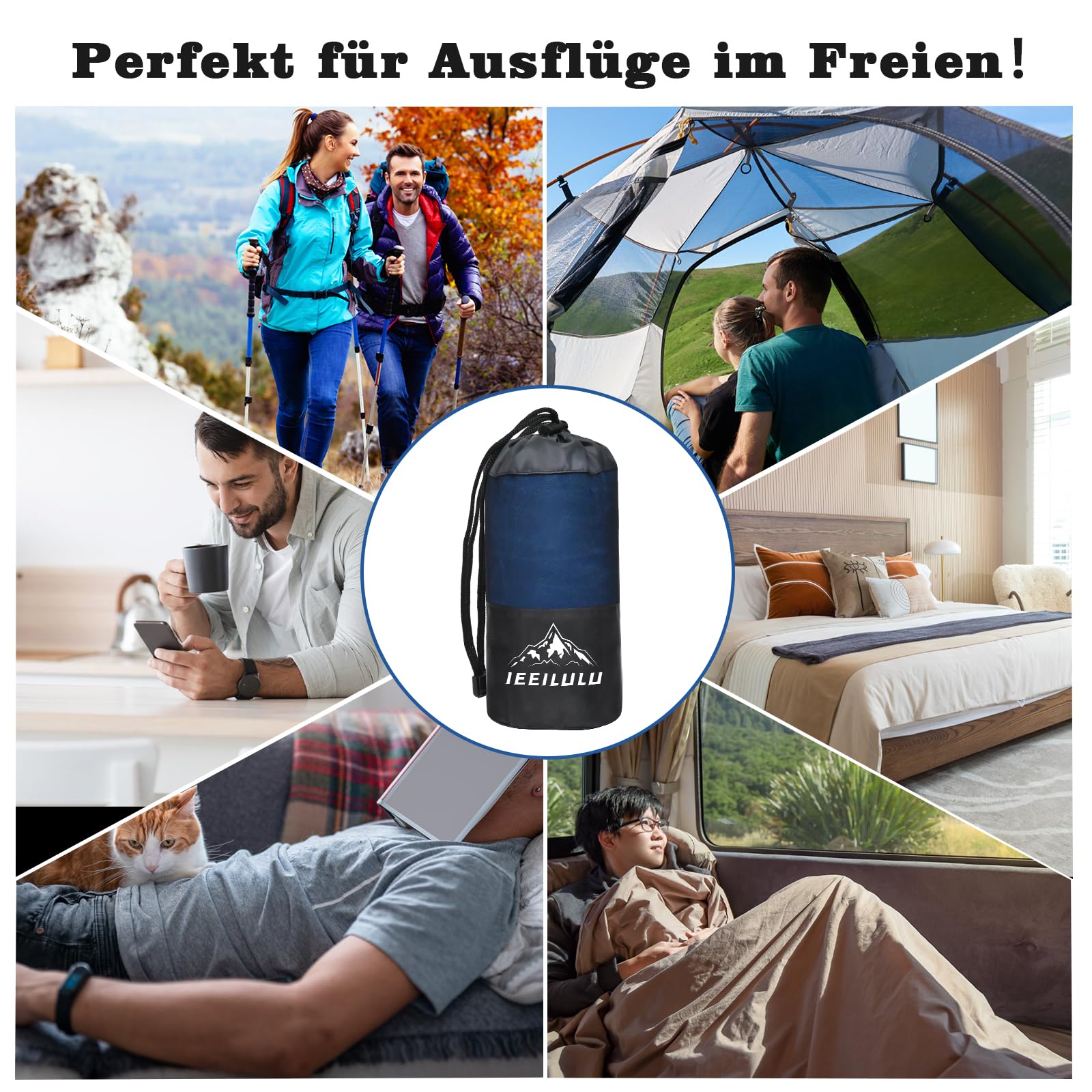 IEEILULU Hüttenschlafsack Baumwolle, Hüttenschlafsack, Reiseschlafsack mit Zwei Wege Reißverschluss Handytasche, Kleines Packmaß, Schlafsack Ultraleicht für Erwachsene Camping Wandern Hotels