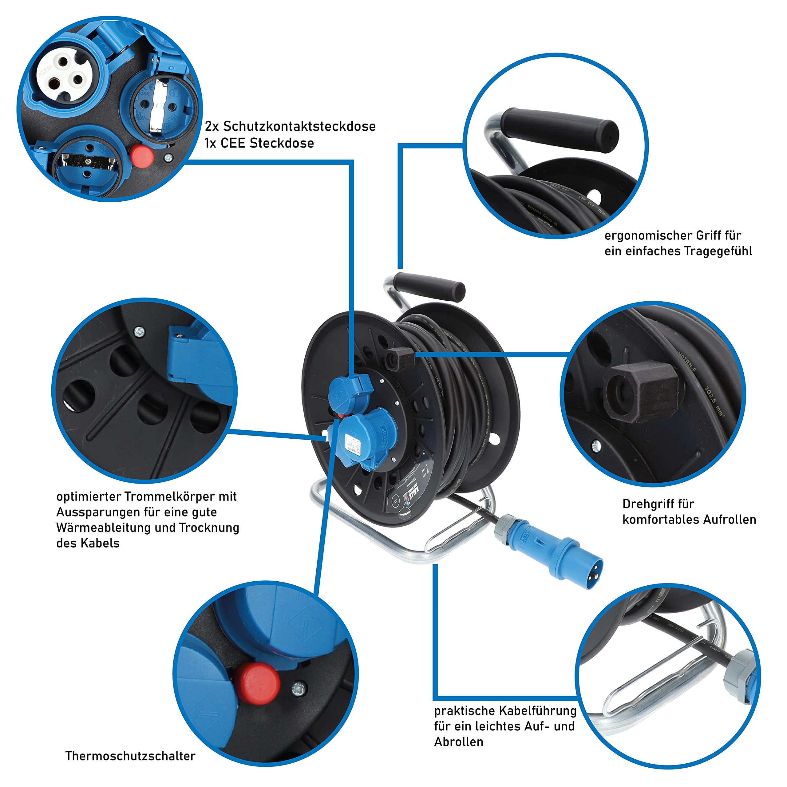 KALLE DAS KABEL CEE-Campingkabeltrommel Kabeltrommel KTG Campingkabel Wohnmobil-Kabel Caravantrommel H07RN-F 3G 2,5mm² 25 Meter im Set mit Adapter und Anschlussleitung 1,5 Meter