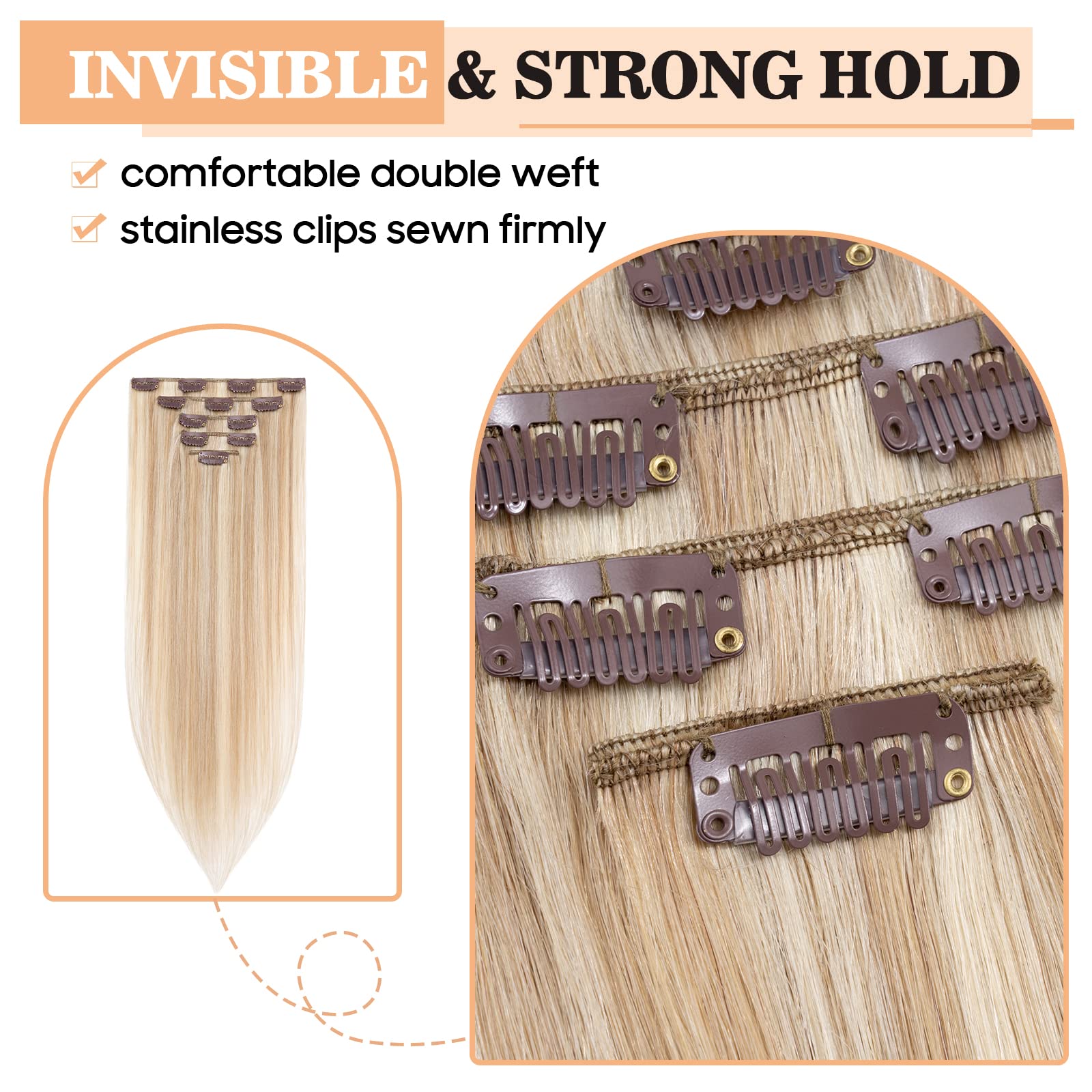 S-noilite Clip in Hair Extensions Real Human Hair Ash Blonde/Bleach Blonde - Image 4