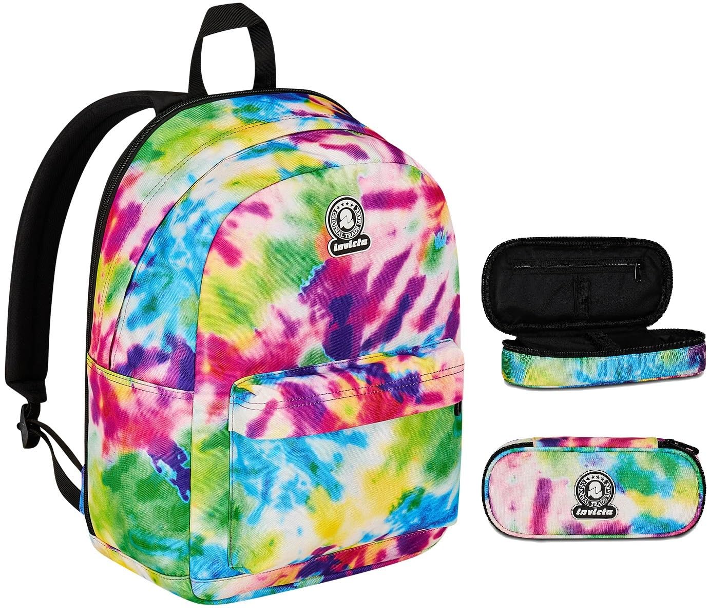 Invicta Zaino Scuola Monoscomparto, Multicolore, Massima Capienza, Tasca Porta Borraccia + Astuccio Scuola 3 Scomparti Zip Bambina Ragazza