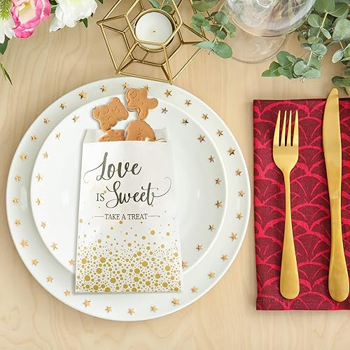 Miniatura 7 de 300 bolsas para bufé de dulces de boda 5 x 7 pulgadas autoadhesivas para regalo de boda Love Is Sweet Take a Treat individuales con puntos dorados