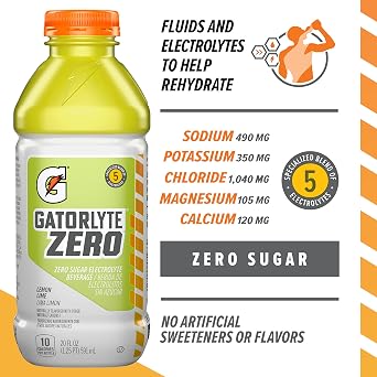 Gatorlyte Zero Sugar Rapid Rehydration Electrolyte Drink, Lemon Lime, 20 fl oz Bottles (12 Pack), Specialized Blend of 5 Electrolytes, Zero Sugar, 15 Calories, No Artificial Sweeteners, No Artificial Flavors, Gatorade, Hydration