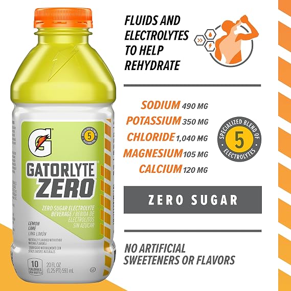 Gatorlyte Zero Sugar Rapid Rehydration Electrolyte Drink, Lemon Lime, 20 fl oz Bottles (12 Pack), Specialized Blend of 5 Electrolytes, Zero Sugar, 15 Calories, No Artificial Sweeteners, No Artificial Flavors, Gatorade, Hydration
