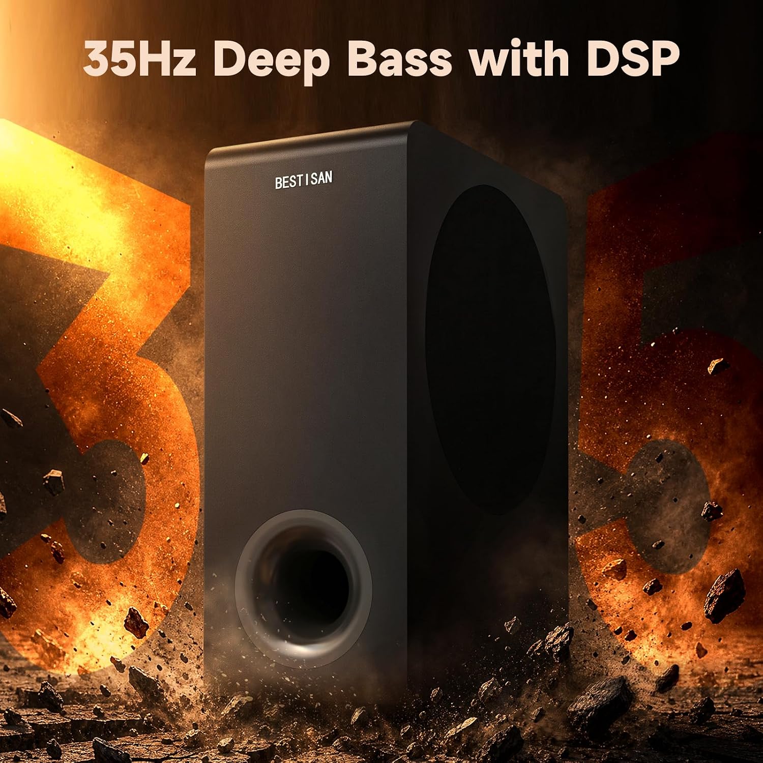 BESTISAN Basscore Powered Subwoofer, 8’’ Side-Firing 100W Sub, Class-D Amp, Subwoofers for Receiver/Home Theater System, Auto On/Off, RCA, LFE, AUX Input, High-Level Speaker Input & Output