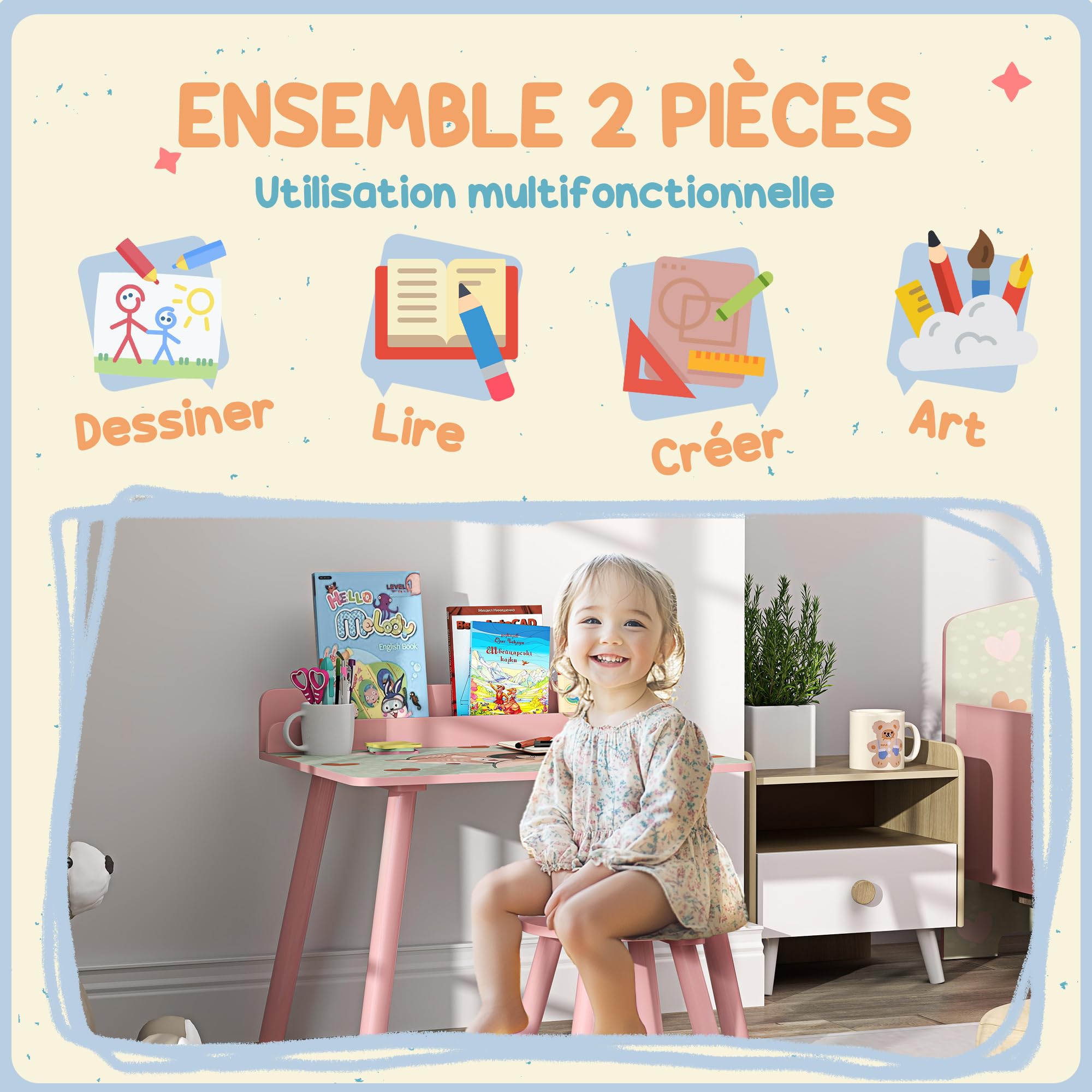 AIYAPLAY Ensemble Table et Chaise Enfant Table pour Enfant avec Chaise avec Porte-Livres Motifs d'ours pour Enfants 3-8 Ans pour Chambre à Coucher, Salon, Salle de Classe, Rose