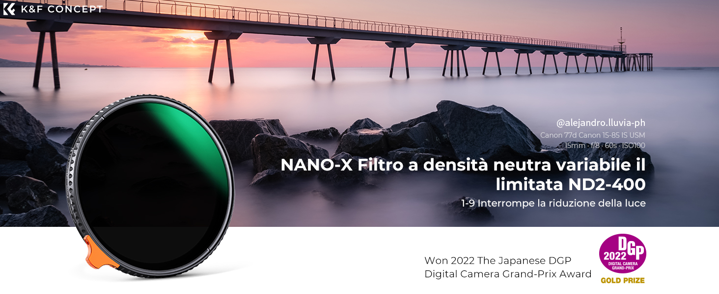 K&F Concept Nano-B Filtro 82mm ND2 ND400 Variabile Ultrasottili HD (1-9 Stops) In Vetro Ottico Con Panno In Fibra Per Obiettivi 82mm - K&F Concept