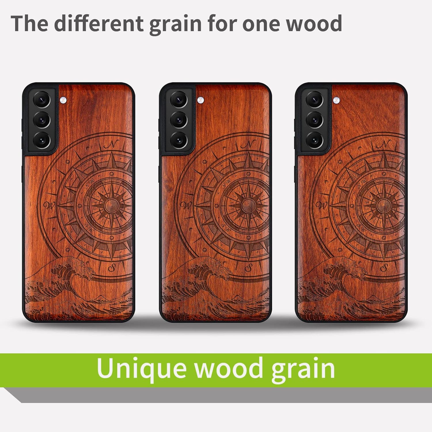 Carveit Wood Case for Galaxy S21 Case [Natural Wood & Black Soft TPU] Shockproof Hybrid Protective Unique Wooden Cover Compatible with Samsung S21 5G (Compass & Waves-Rosy)