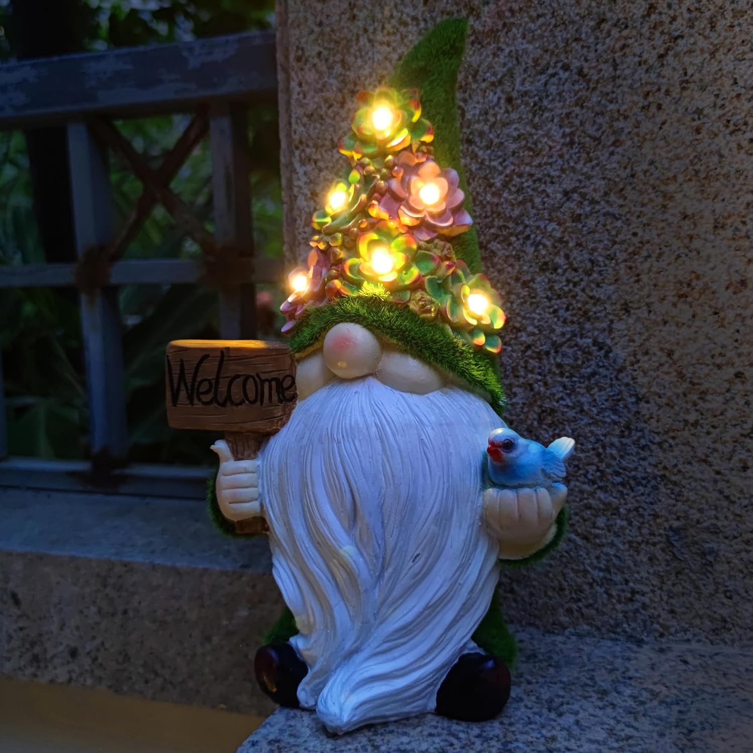Solar Gnomes Garden Statues,Resin Gnome Figurine Holding Welcome Card and Bird with Solar Lights, Outdoor Gnomes Decorations for Yard Patio Lawn Porch, Garden Gifts image 2