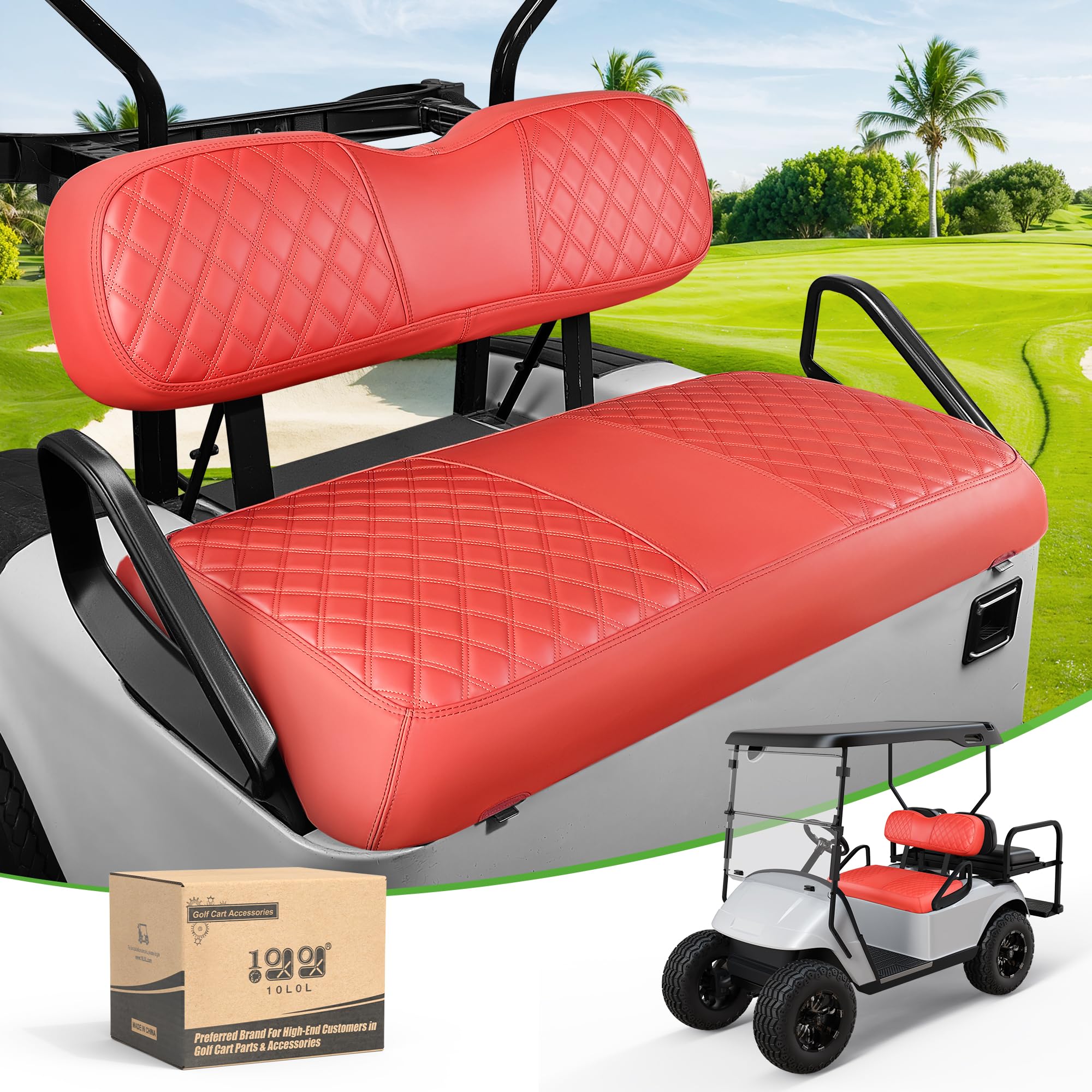 10L0L Golf Cart Seat Covers for EZGO TXT Front Seats - Waterproof Vinyl Leather with Adjustable Straps and Retractable Buckle, No Stapler Needed Red
