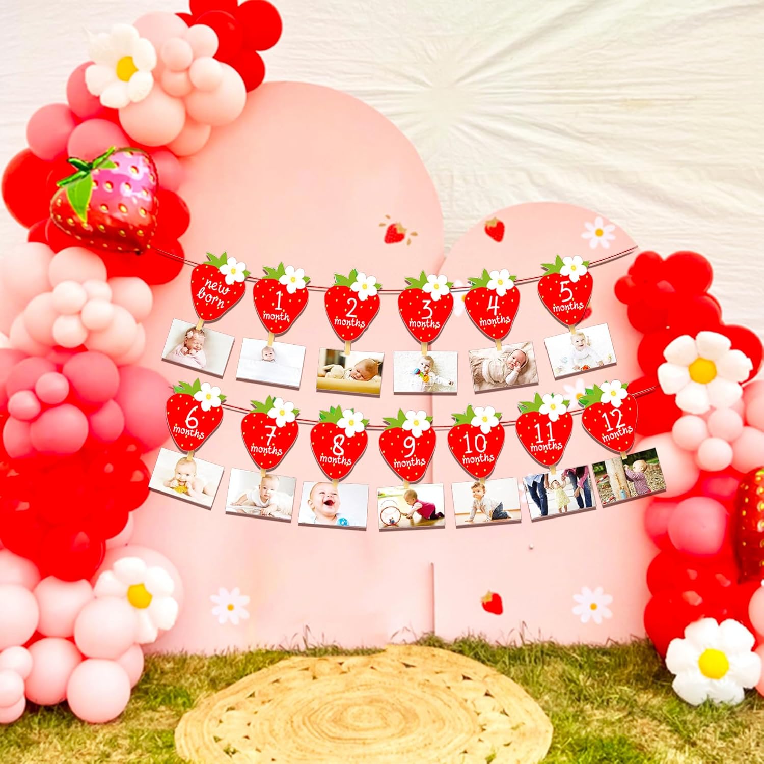 JeVenis Berry 1st Birthday Strawberry Photo Banner - Berry Sweet One Birthday Party Decor - Image 3