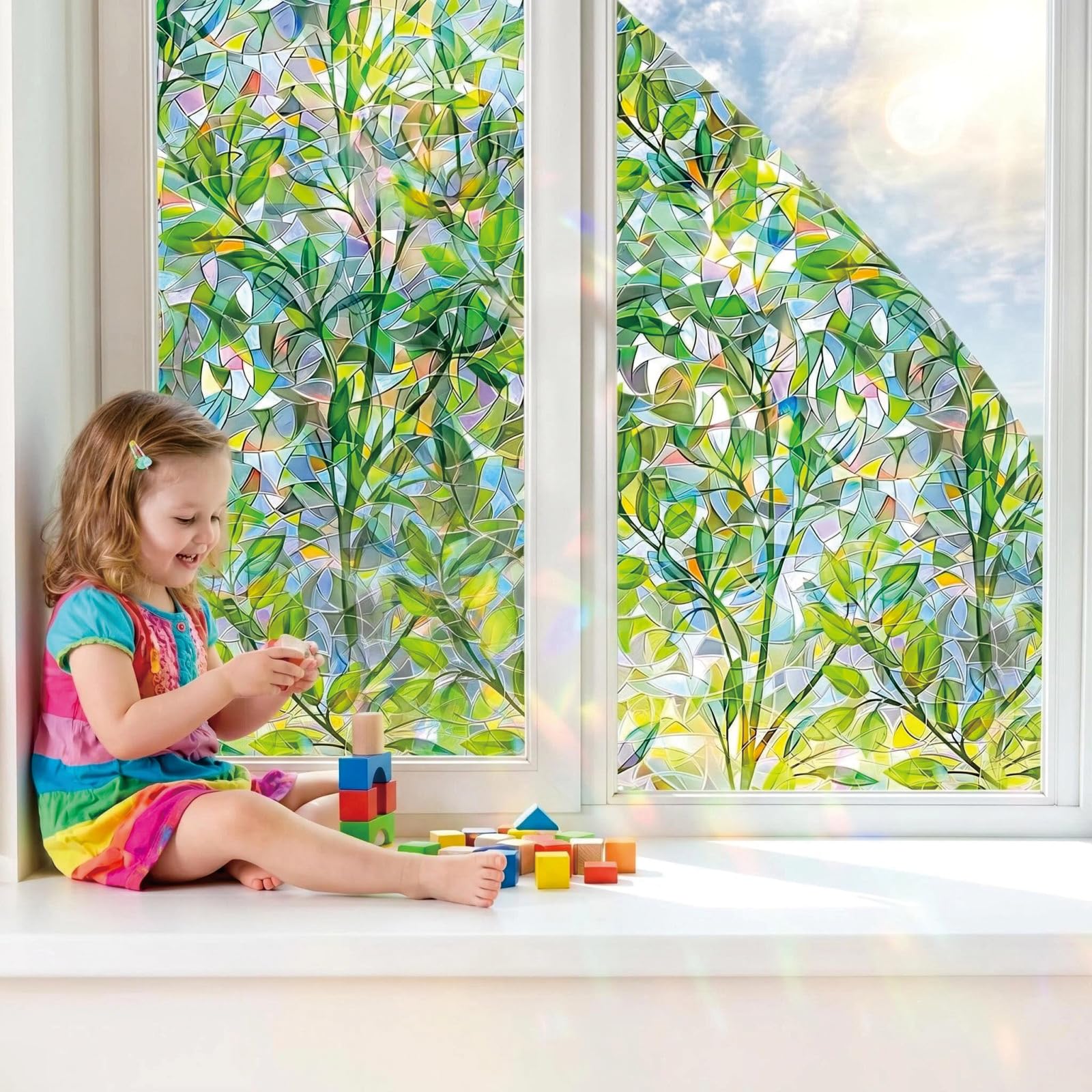 Rainbow Window Film 85 x 390 cm Blocks UV Static Cling No Glue Removable Heat Cotrol, Privacy Protection, Frosted Glass Film with Anti-Uv Protection for Windows for Home, Leaves