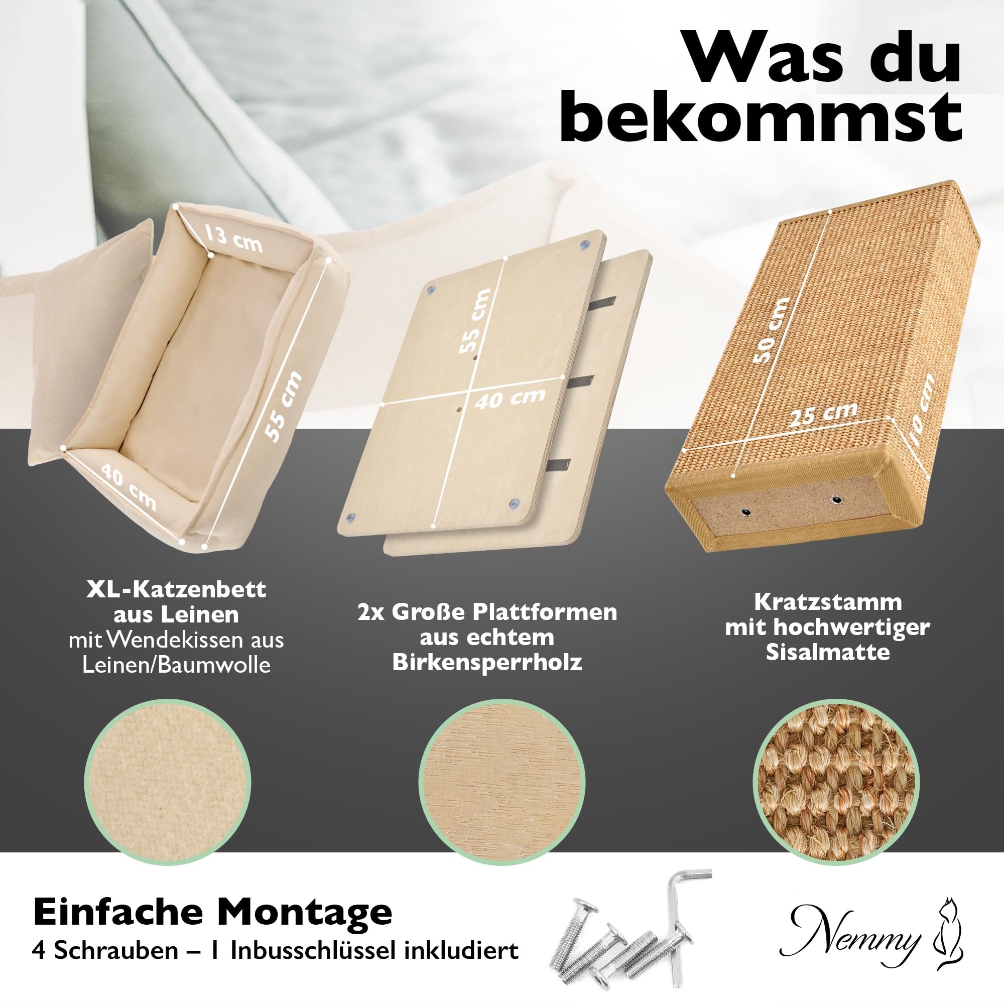 Nemmy Premium Kratzbaum klein aus Holz mit waschbarem XL Katzenbett, Beige | Geruchsneutral. Stabile Anti-Rutsch-Füße. Sisalmatte statt Seile. Für Schlafzimmer & Büro. Ersatzteile erhältlich.