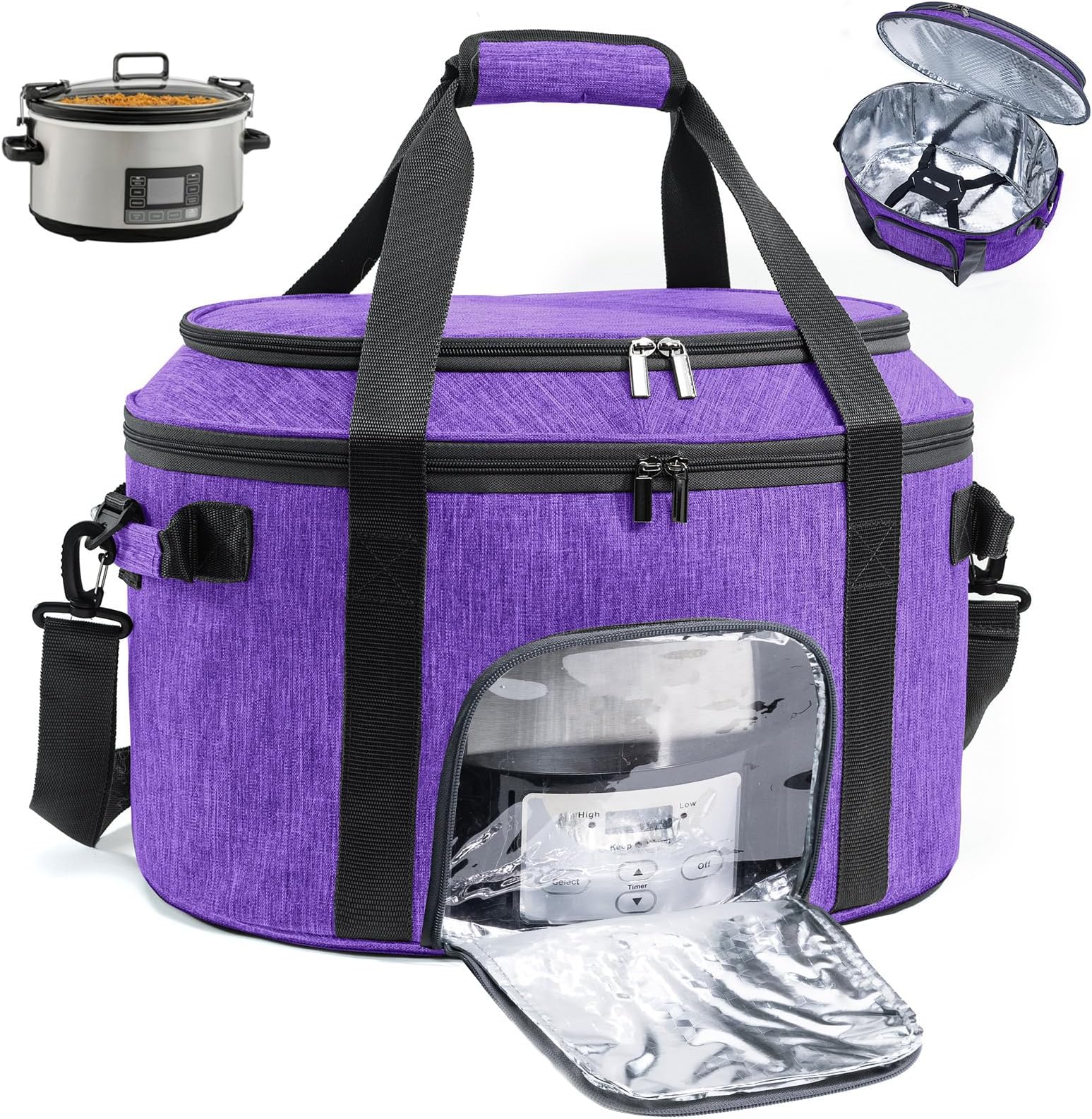 Double-Layer Slow Cooker Carrying Bag for 6-8 Quart CrockPot and Hamlton Beach Slowcooker, Travel Bag with Lid Fastener for Crock-pot, Portable Carrier with See-throught Window(BAG ONLY)