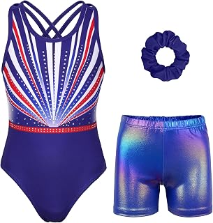 MODAFANS Gymnastics Leotards for Girls with Shorts Cross Back Activewear | Stretchy breathable fabric,sparkly Diamonds&Prints,with shorts&Hair tie for ballet/sports/gyms,machine wash,4-13Years