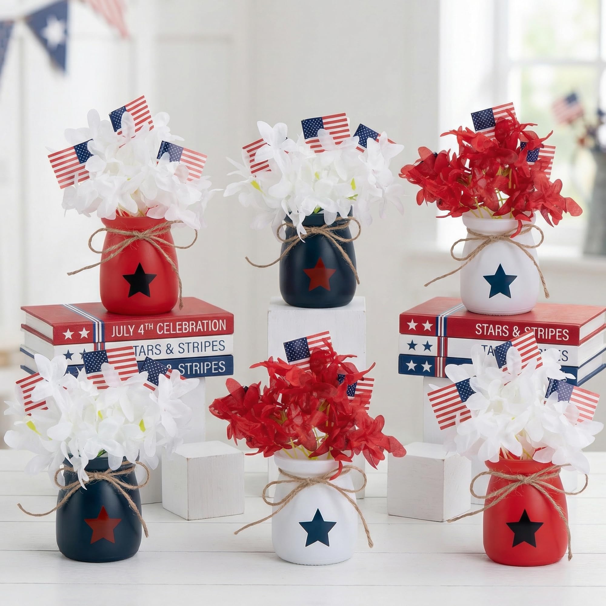 Photo 1 of Iceyyyy 6 Set 4th of July Mason Jar Table Centerpiece, Mini Memorial Day Vase Tabletop Decoration with Flowers and Flags, Patriotic Independence Day Decor Centerpiece for Home Tiered Tray Party Favor