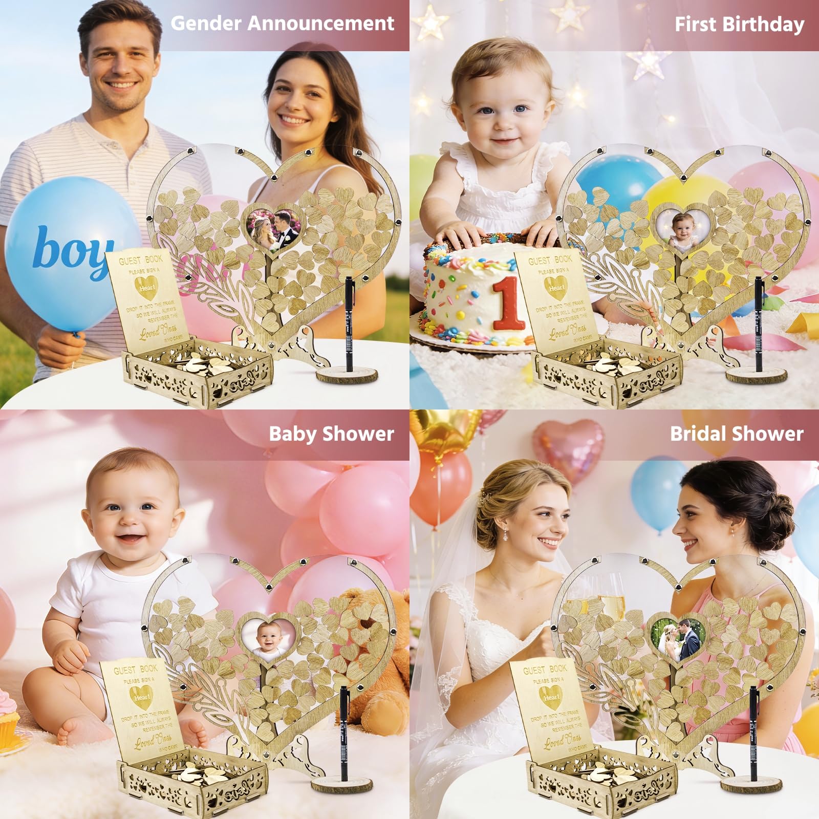 Hochzeitsgästebuch-Alternative – Rustikales herzförmiges Gästebuch aus Holz mit 100 Holzherzen für Hochzeit, Party, Geburtstag, personalisierte Hochzeitsdekoration mit Gäste-Anmeldebox und Herzrahmen
