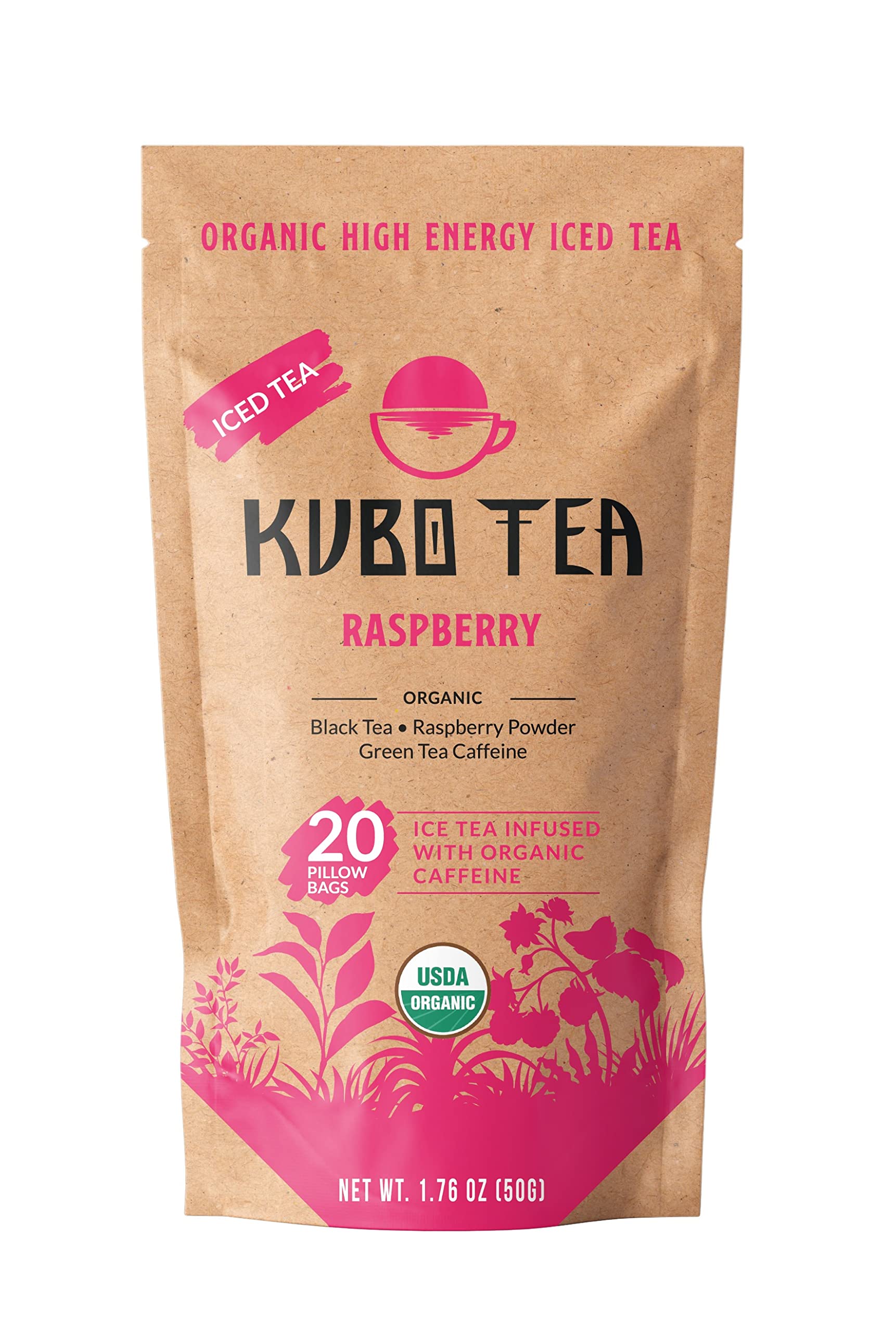 Kubo Tea, Organic High Energy Ice Tea, High Caffeine Blend, 20 Servings (155mg Caffeine each), Pillow Tea Bags, Kraft Packaging, Healthy Coffee Substitute (Raspberry)