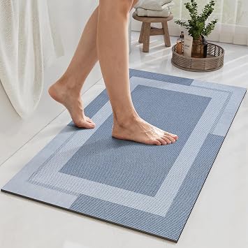 Non Slip Bath Mat Thin Bathroom Rugs Fit Under Door Blue 16"x 24" | Quick Dry Absorbent Washable Rubber Backing Bath Rug Shower Mat Bathroom Floor Mat for Sink Bathtub Beside Shower Entrance