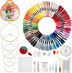 166 Peças Kit Bordado Iniciante, Bordado Kit com Bolsa de Armazenamento, Kit Agulha Para Bordados Ponto Cruz Profissionais, 100 Cores de Linha de Bordado, 5 Bastidor para Bordado