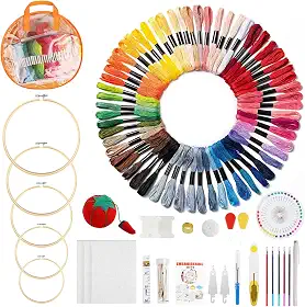 166 Peças Kit Bordado Iniciante, Bordado Kit com Bolsa de Armazenamento, Kit Agulha Para Bordados Ponto Cruz Profissionais, 100 Cores de Linha de Bordado, 5 Bastidor para Bordado