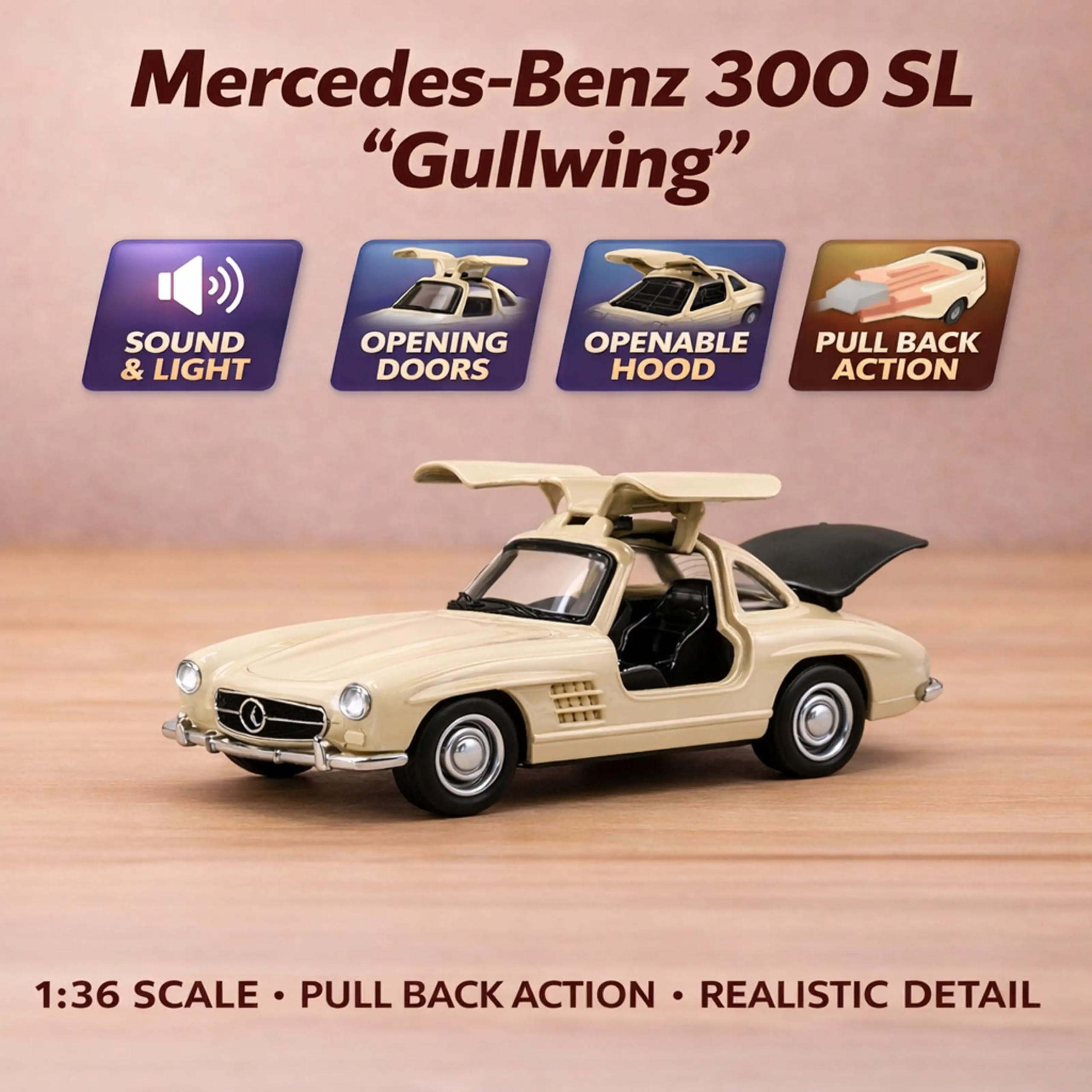 Zunbella Mercedes-Benz 300 SL Gullwing Die-Cast Metal Toy Car, 1