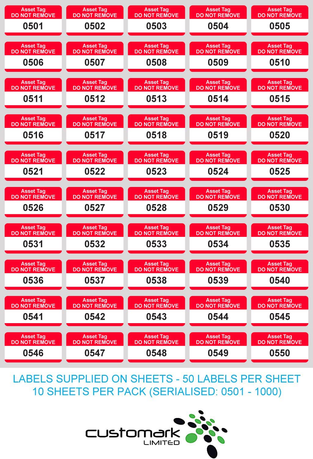 Red Asset Tag Labels - Numbered 501 to 1000-38mm x 20mm Permanent Synthetic PP Labels - Price per Pack of 500 Labels (P/NO. 7828664B) - Image 2