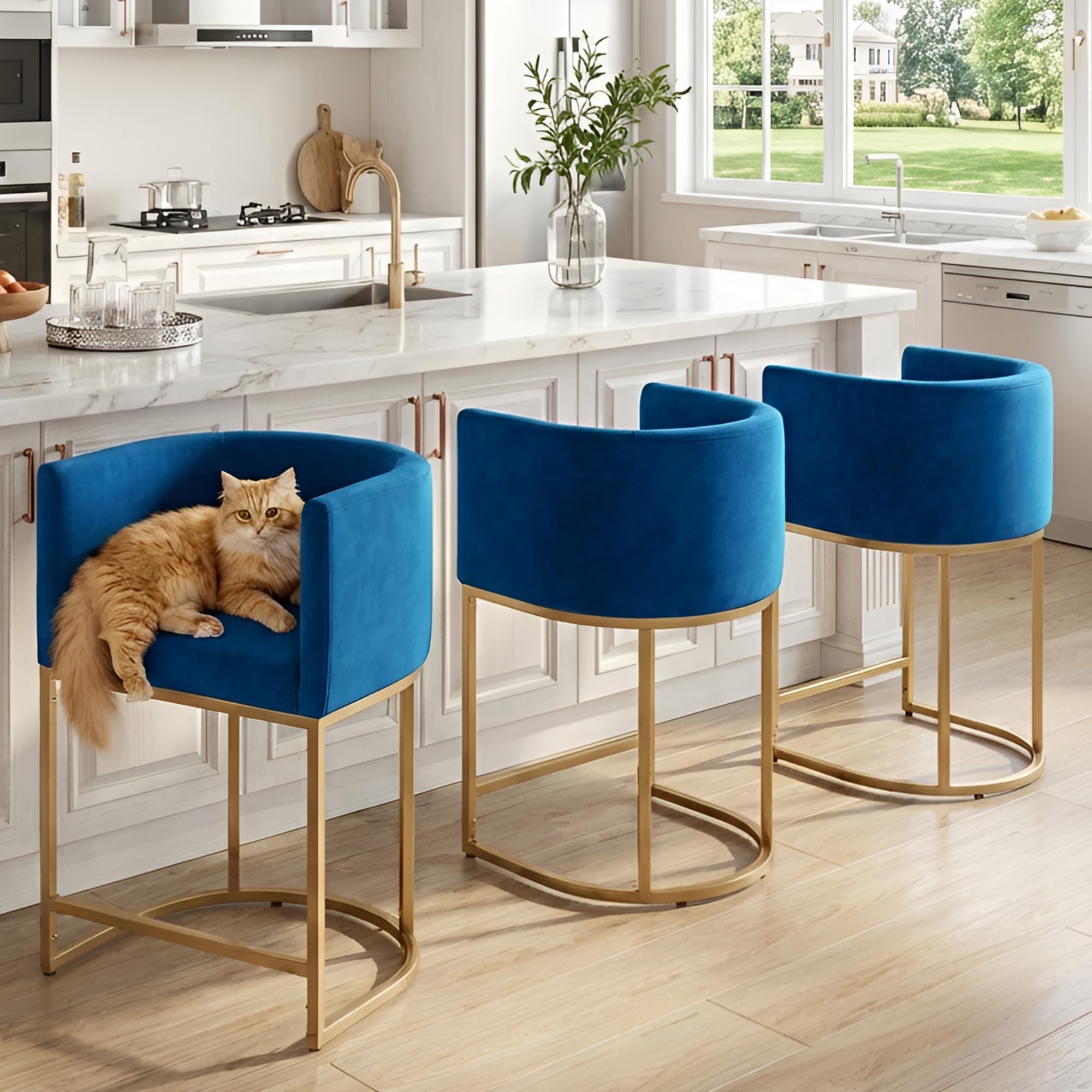 HNY Modern Counter Height Velvet Stools Set of 3