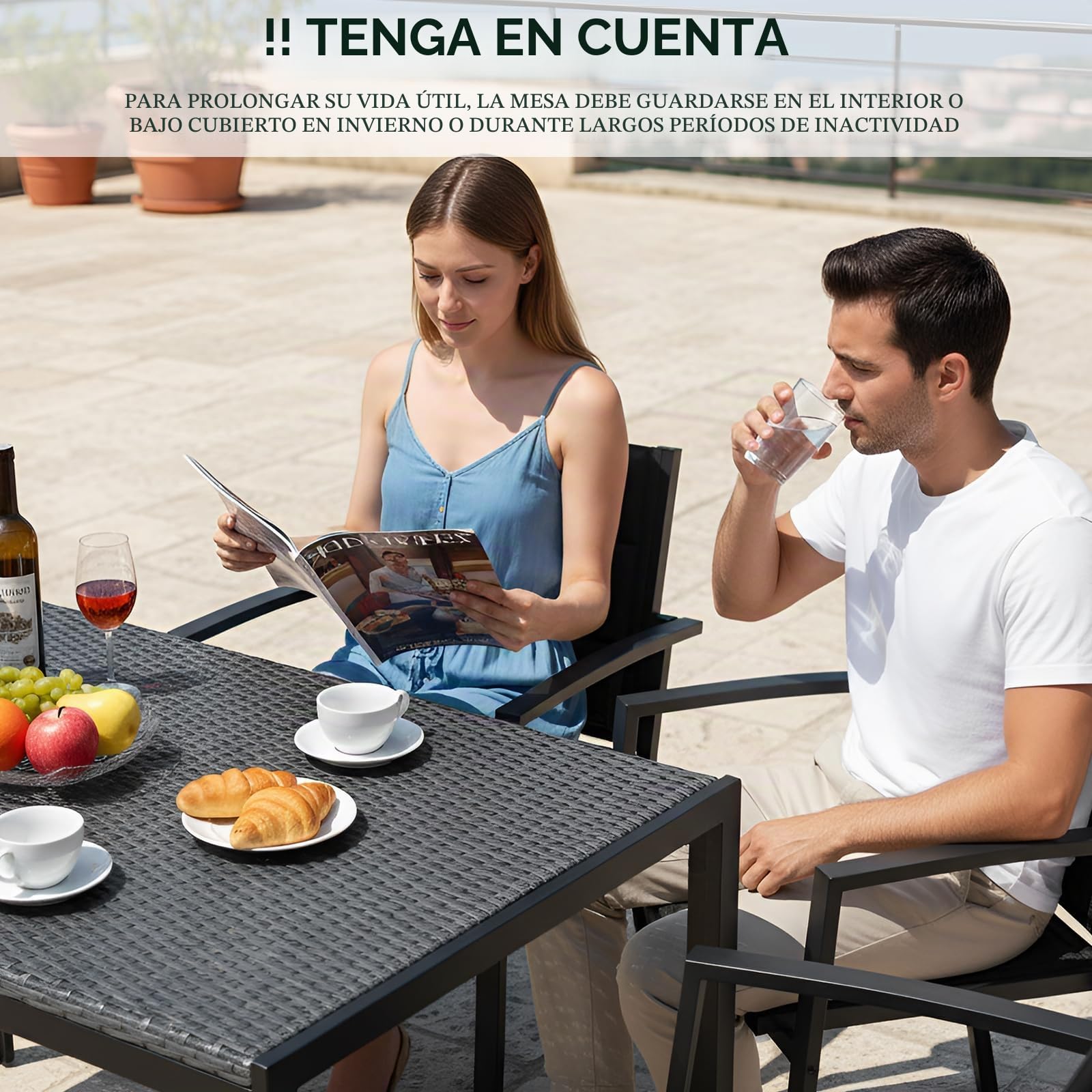 LIFERUN Mesa de Jardín Rectangular para 4-6 Personas en Rattan PE,119x74 cm | Mesa de Comedor para Exterior, en Metal, Resistente a la Intemperie UV, 4 PCS Patas Ajustables, para Terraza Balcón, Gris