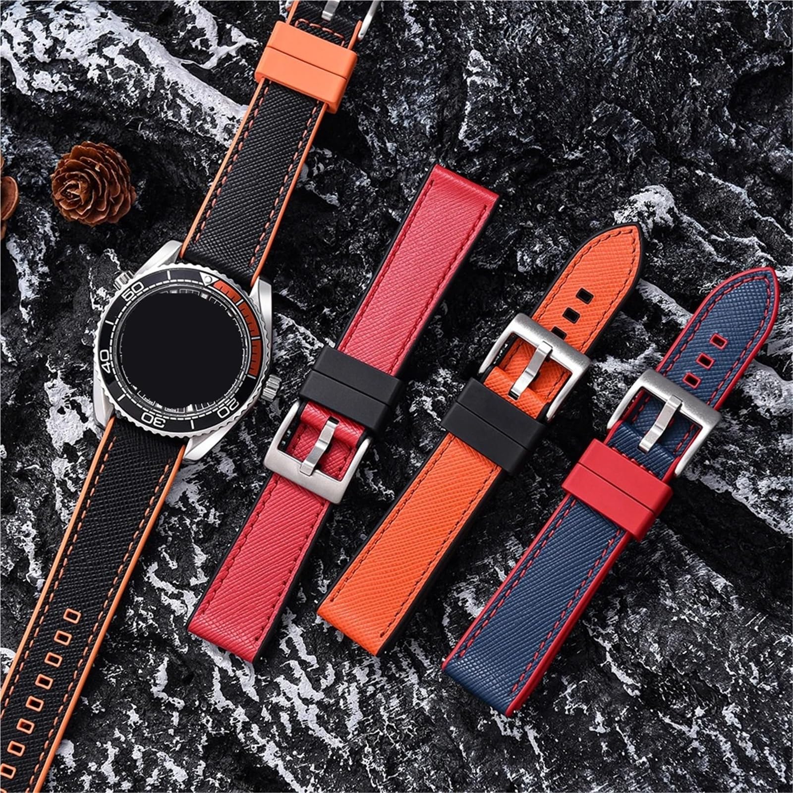Sangle de sport hybride en caoutchouc et cuir – Noyau résistant à la transpiration, libération rapide 20/22 mm