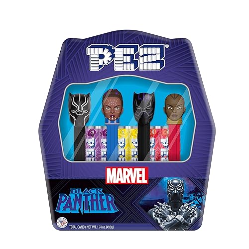 PEZ Black Panther - Juego de regalo Incluye 4 dispensadores (Pantera Negra, Shuri, Purple Black Panther y Okoye) + 6 repuestos de dulces en lata