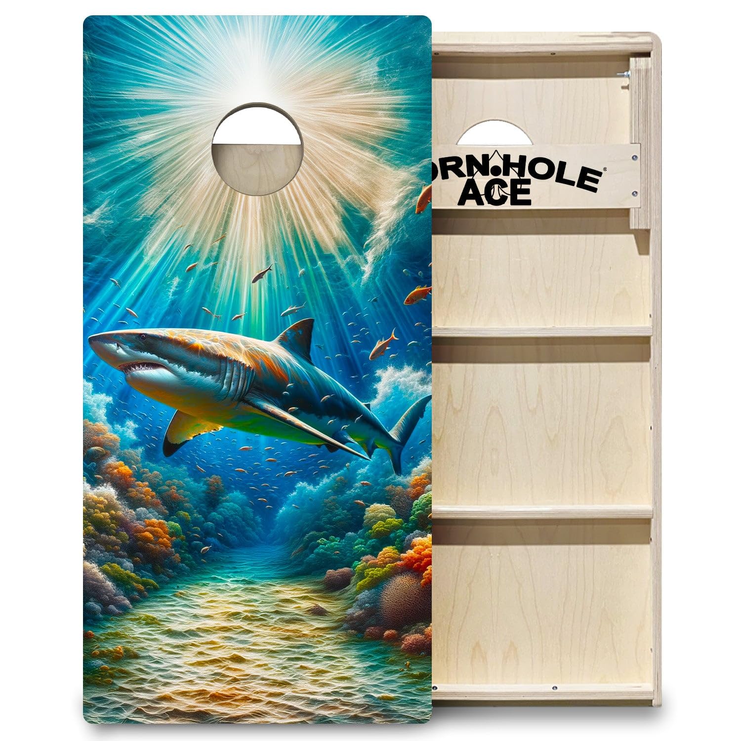 CornholeAce PRO Shark King | Professional Cornhole Board Set, No Bounce! Triple Wide Legs, 3/4in Baltic Birch Plywood, Regulation Size, Tournament Style, American Official, Made in USA