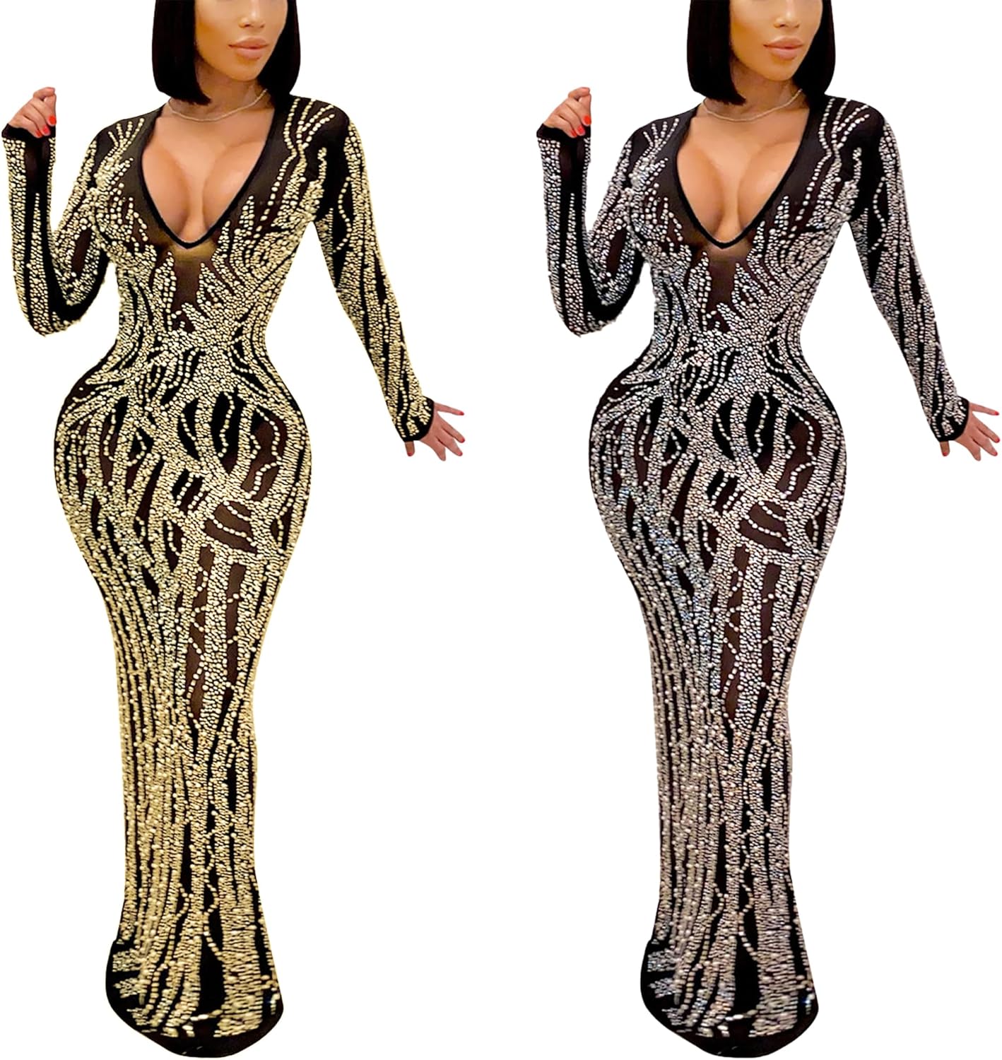 PORRCEY Sexy Elegant Rhinestone Dress for Women Mesh See Through Bodycon Birthday Cocktail Party Club Night Evening Gowns - Image 4