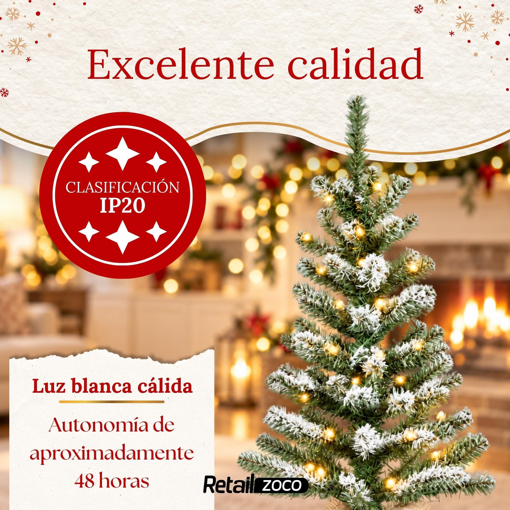 Mini Árbol de Navidad Nevado 75 cm, 35 LED Cálidos y Base de Yute - imagen 6
