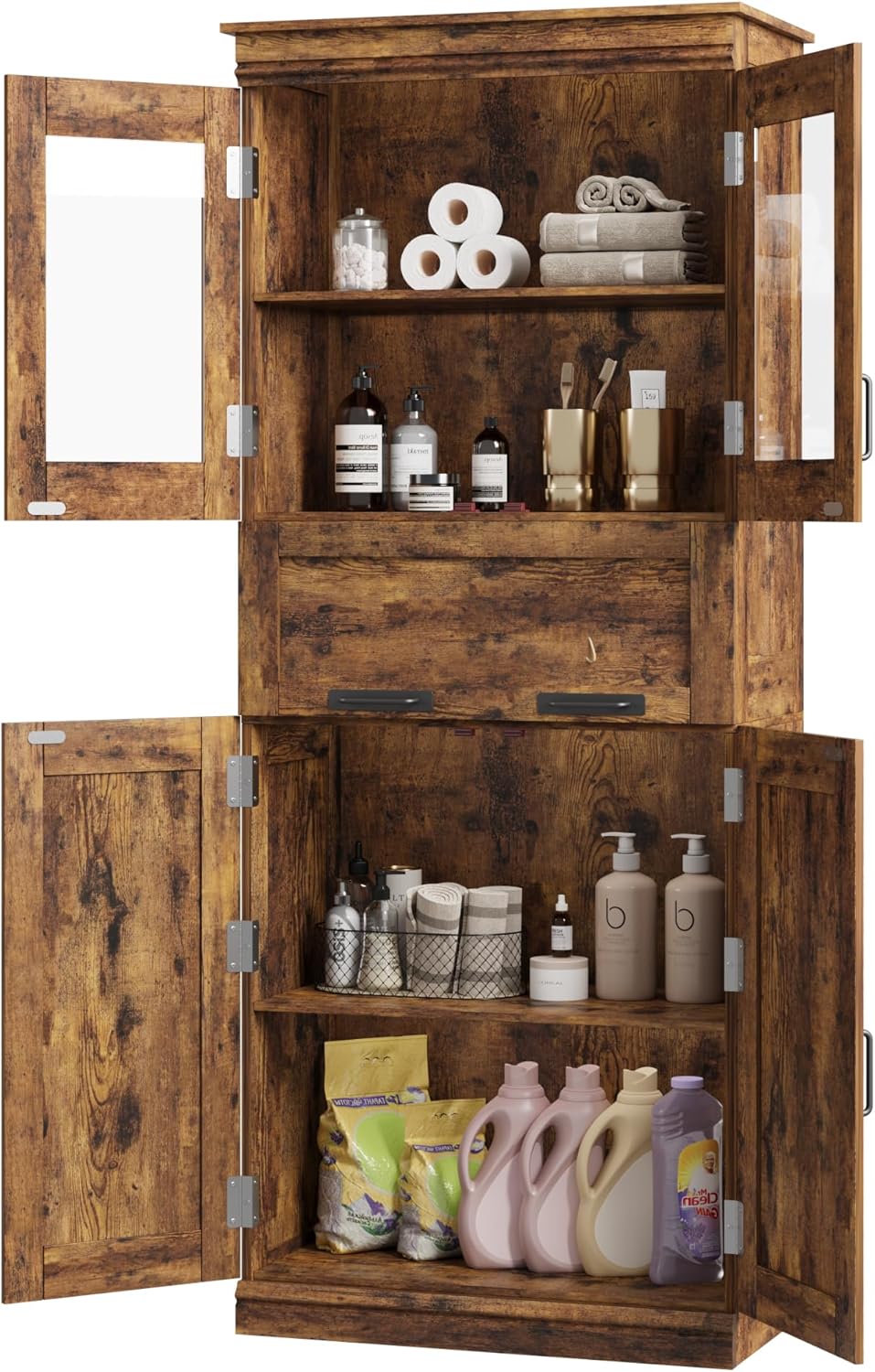 GarveeHome 67" Tall Bathroom Cabinet with 4 Doors & Flip Glass Drawer, Storage Cabinet with Adjustable Shelves, Freestanding Organizer for Kitchen, Living Room (Rustic Brown)