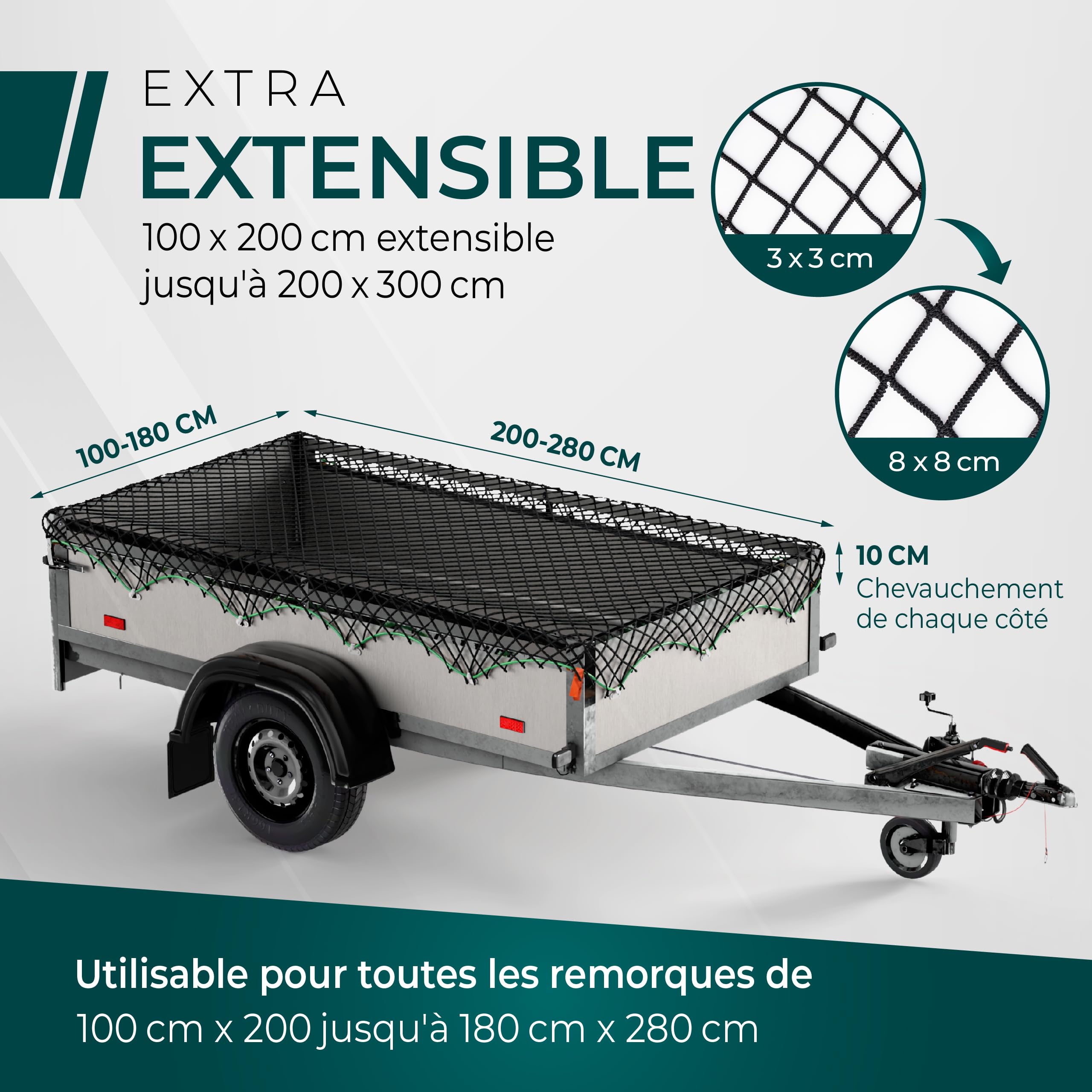 CargoVA - Filet Extensible pour remorque 1x2 jusqu'à 2x3M - Filet élastique Noir avec Corde élastique, 8 Crochets et marquage des Coins - pour Une Fixation Parfaite de la Charge