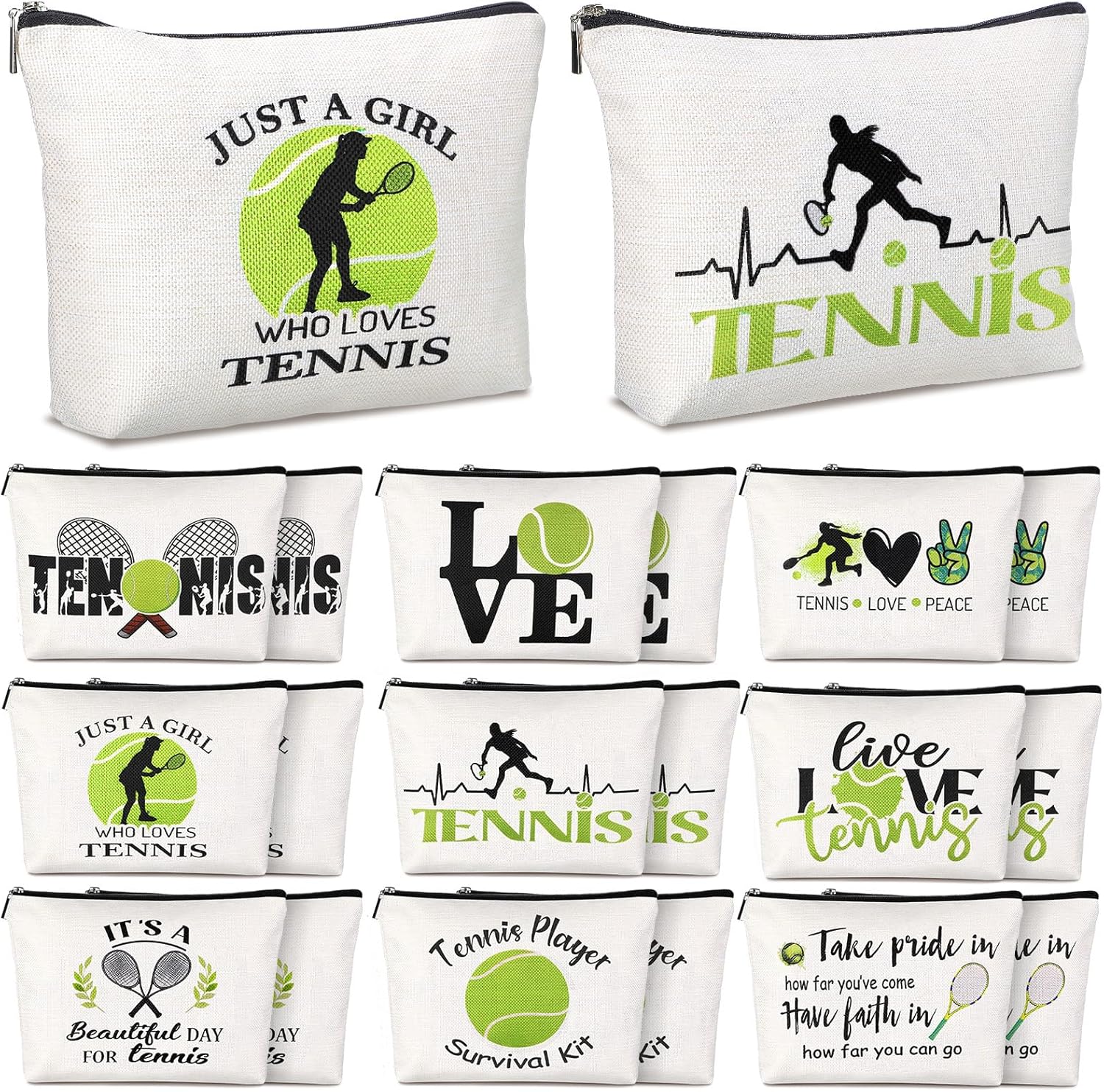Pinkunn 18 Pieces Tennis Player Gift Makeup Bag Christmas Inspirational Cosmetic Bags Tennis Zipper Cosmetic Bags Travel Pouches for Coach Friend Women Girl Sister Daughter Gift, 9.8 x 7.5 inches