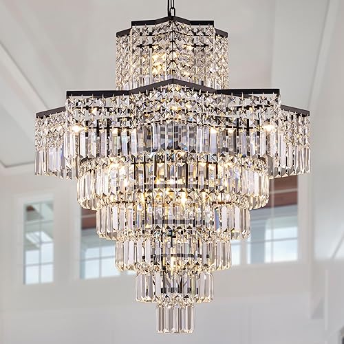 TOCHIC 15 Lights Black Crystal Chandelier, 7-Tier Octagonal Star Large