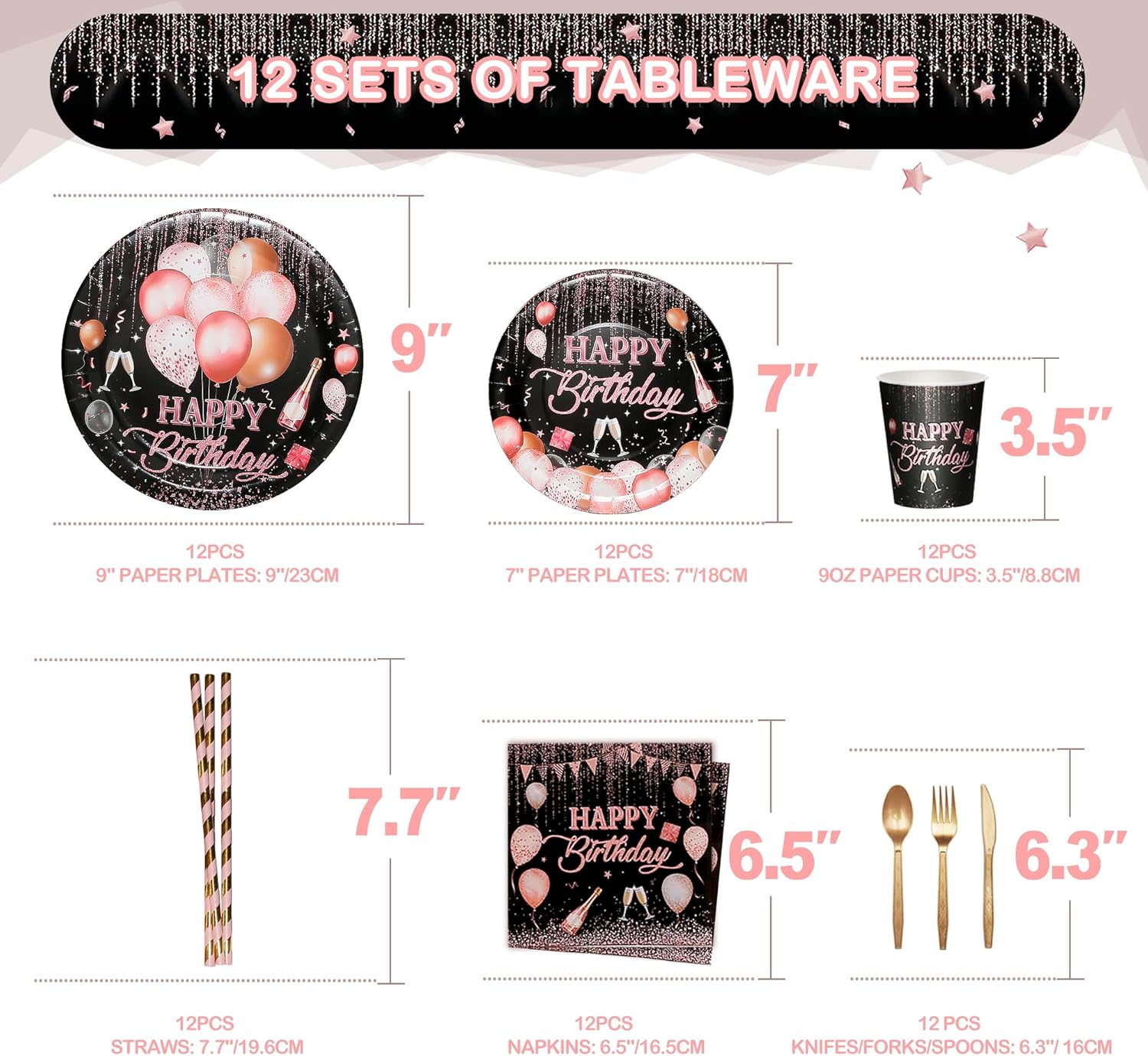 Party Spot! Black Pink Birthday Decorations For Women ,Rose Gold and Black Party Decorations Kit,Happy Birthday Supplies Set-Tableware Pack, Balloon Pump, Banner, Fringe Curtain For 12 Guest - Image 4