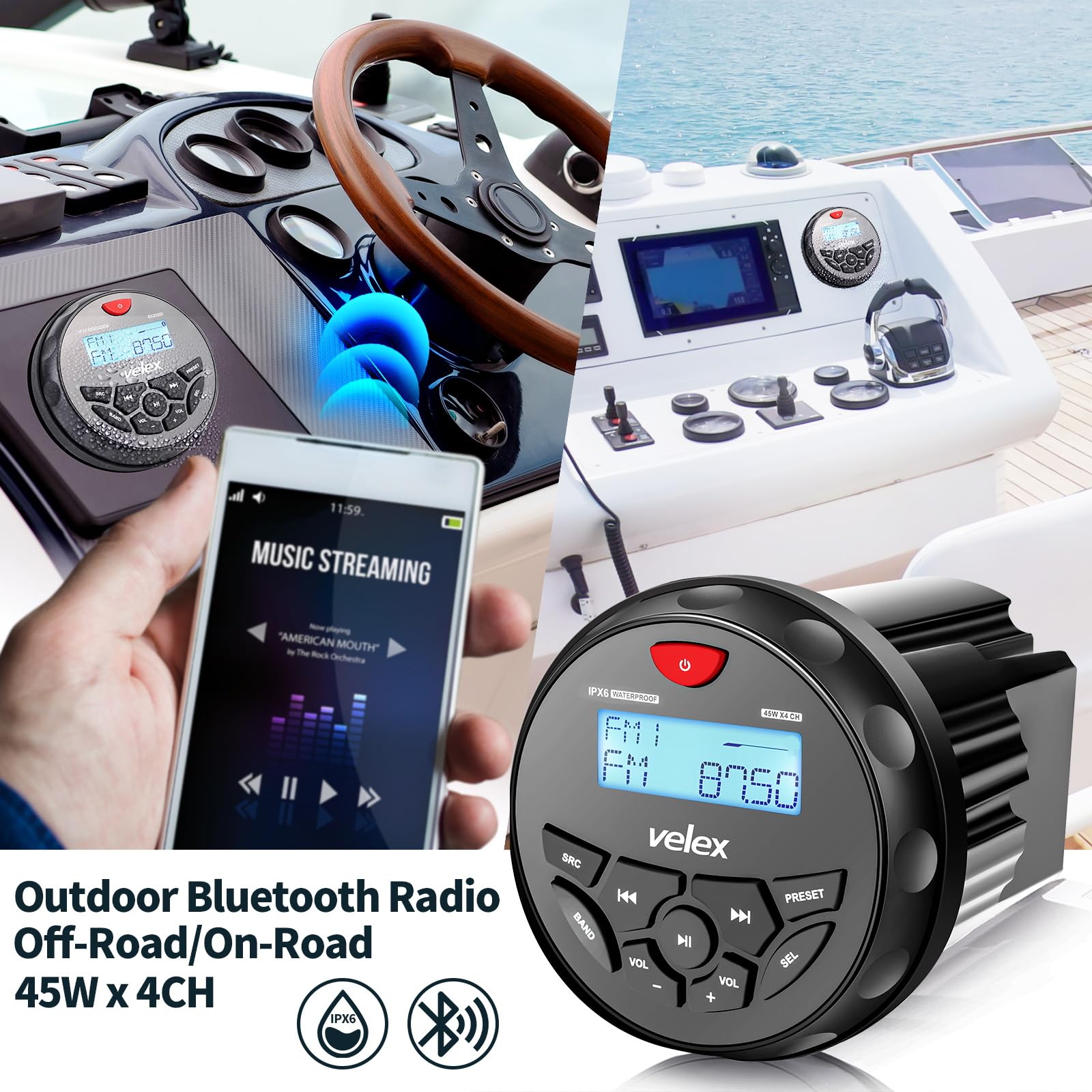 Bluetooth impermeable estéreo 2 x 6,5 pulgadas negro receptor de altavoces con radio DAB+/AM/FM Streaming música en barcos Golf Carros ATV UTV y Spa (DAB+)
