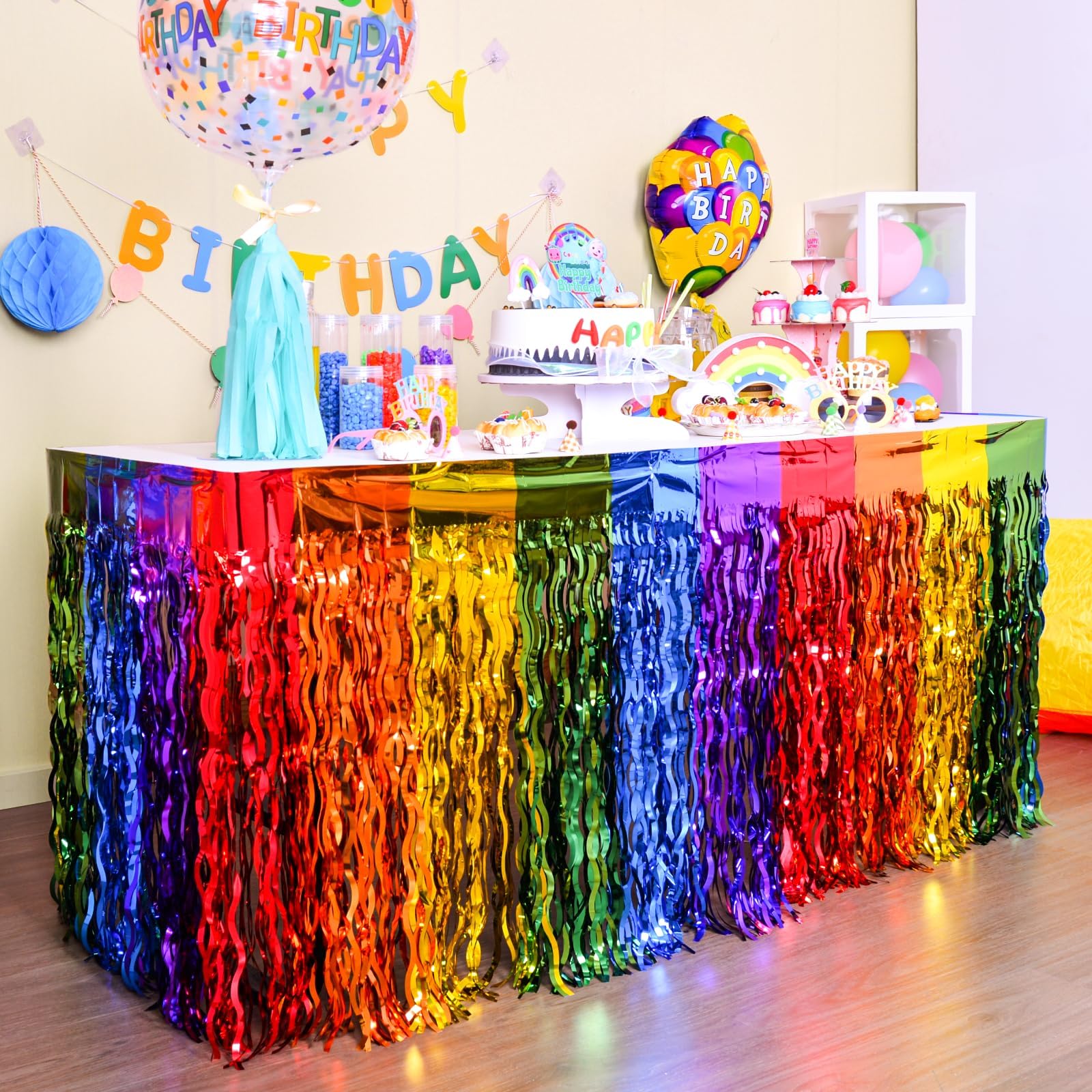 LOLStar Rainbow Party Decorations, 2 Pack Wavy Metallic Tinsel Foil Fringe Table Skirts, Perfect Table Decors for Birthday Holiday Wedding Engagement Bridal Shower Pride Party Cartoon Party