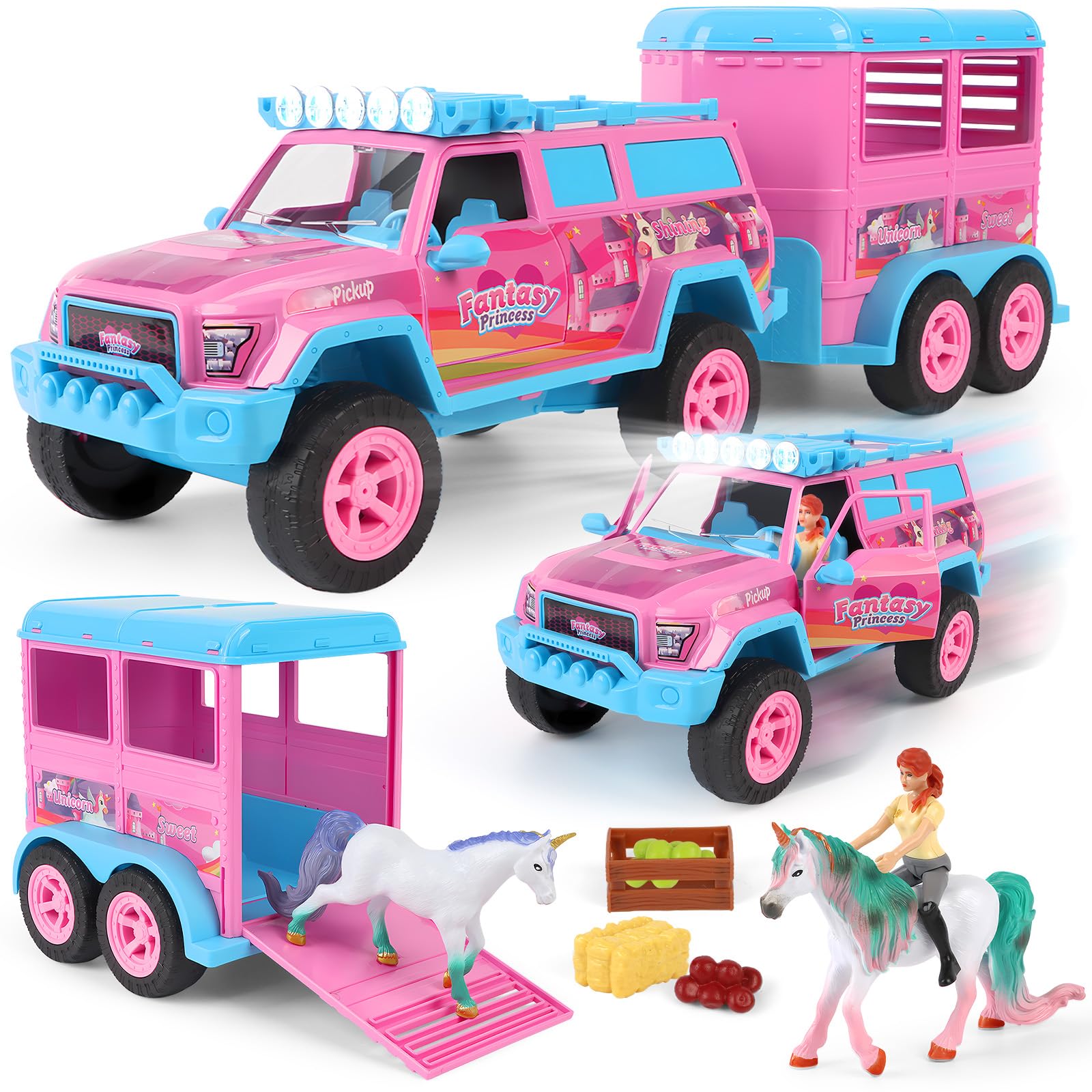 Charmofun Remolque para Caballos de Juguete, Remolque para Caballos con Sonido y Luces (Incluye Coche, Figura, 2 Unicornios, 8 Accesorios), Juguete de Caballos para Niños a Partir de 3 Años