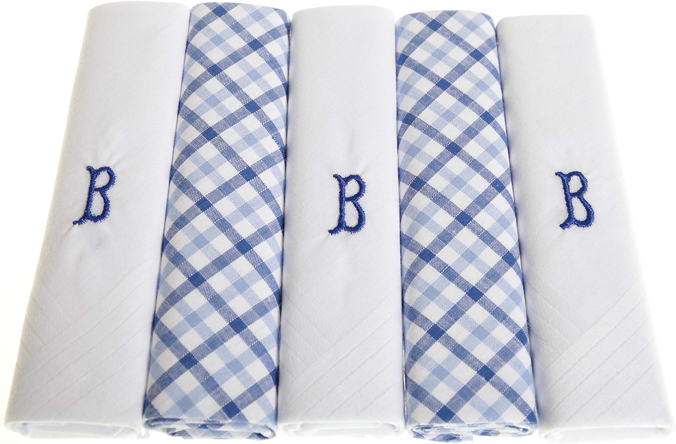 Surf the ShopPack of 5 Mens Initial Embroidered White Handkerchiefs with Satin Border and Blue Check Handkies, Various Letters