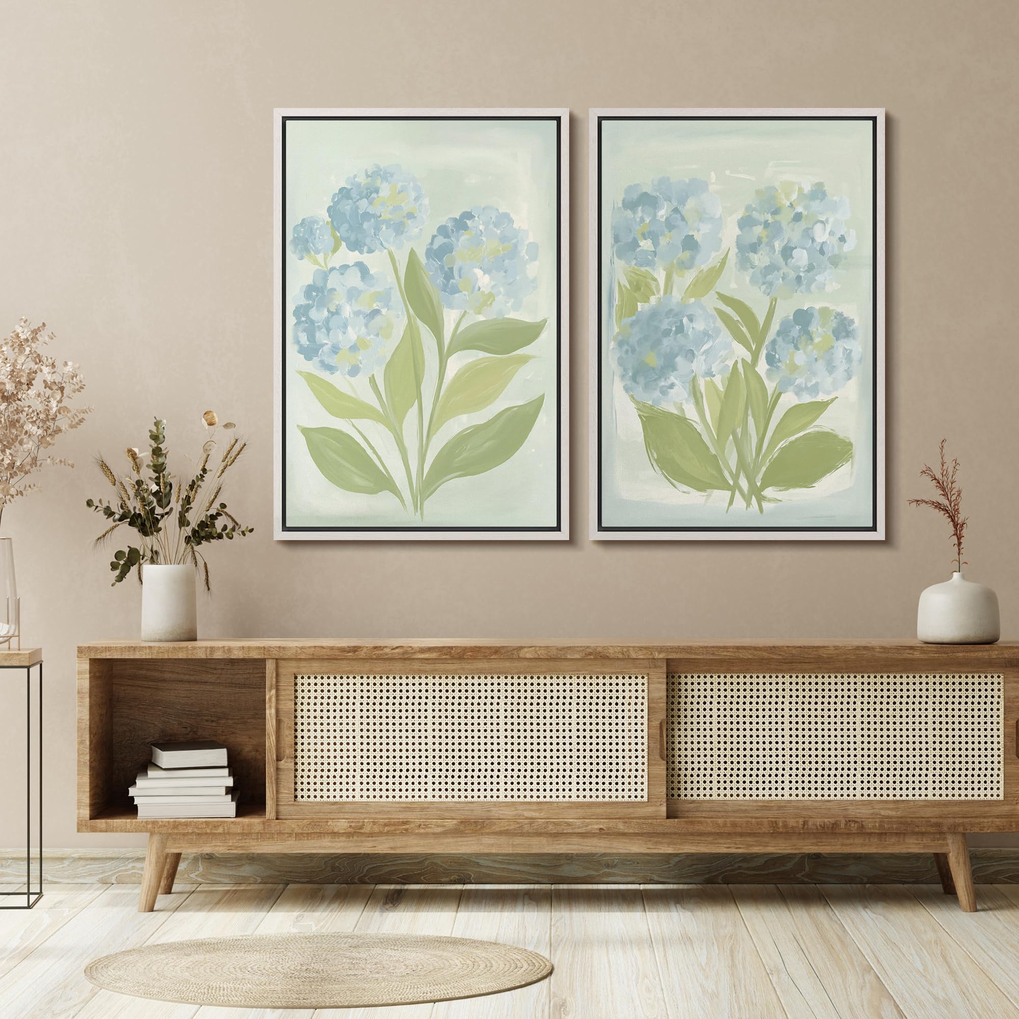 SIGNFORD Framed Canvas Print Wall Art Set Soft Hydrangea Pair Light Blue Florals with Green Leaves Illustration Modern Art Decorative Nordic Nature for Living Room, Bedroom, Office - 24"x36"x2 White — view 2