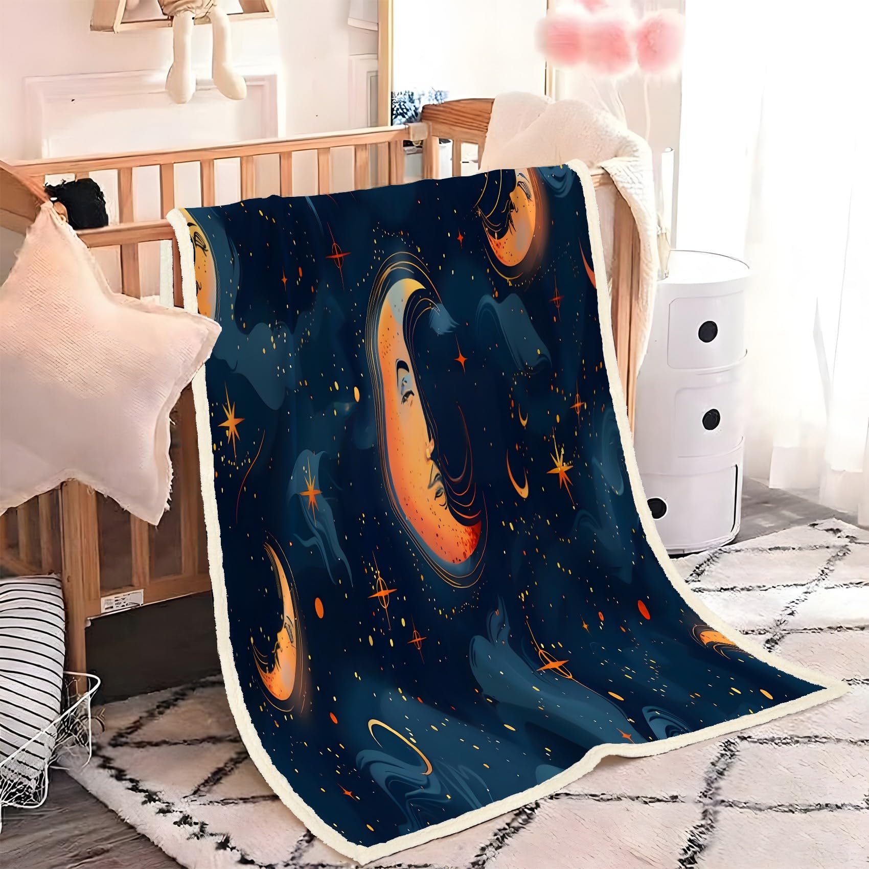 Gelber Mond Fleecedecke 130x150 cm – Extra dick & kuschelweich, Blue Starry Sky Flauschige Decke für Einzelbett, Sofa & Wohnzimmer, Überwurf